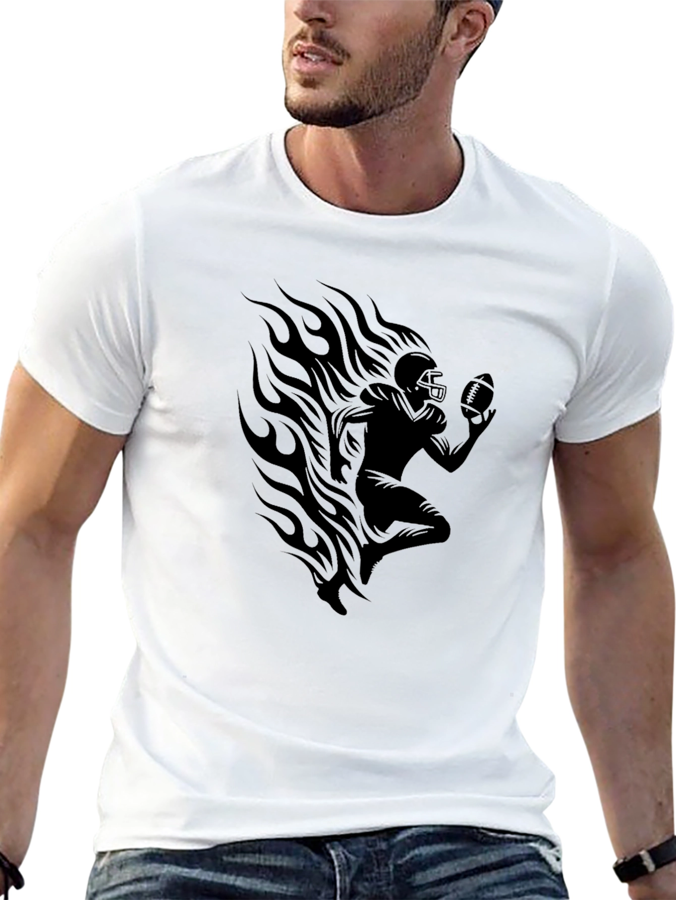 Football Player Flames Graphic T-Shirt - Black