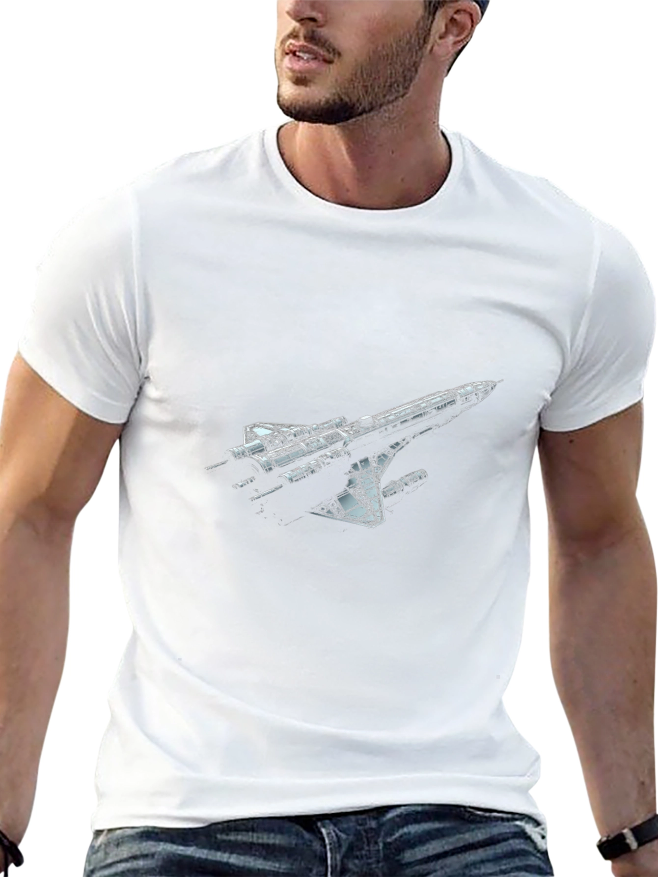 Sci-Fi Spaceship Graphic T-Shirt - Black Crew Neck Tee