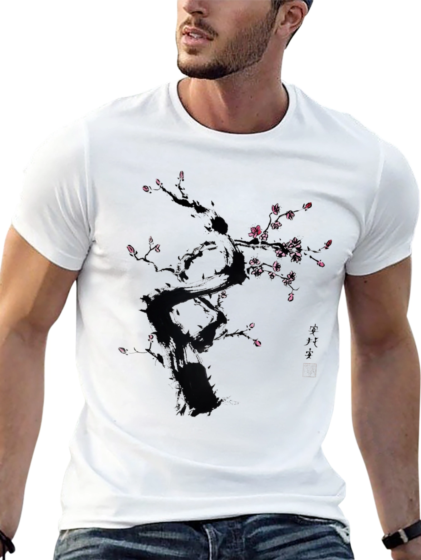 Black T-Shirt with Floral Tree Design