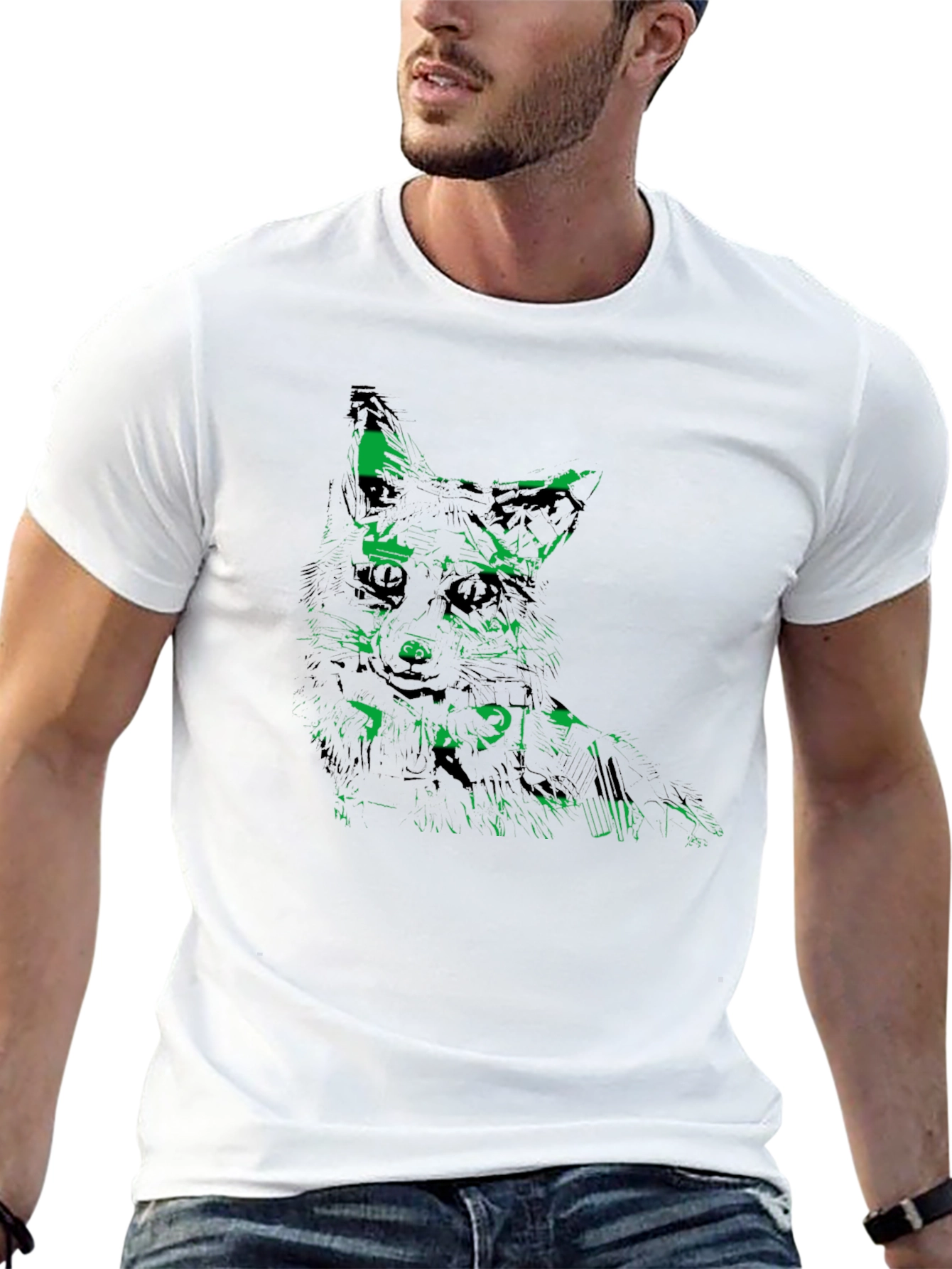 Green Fox Graphic Black Tee - Unique Mens T-Shirt