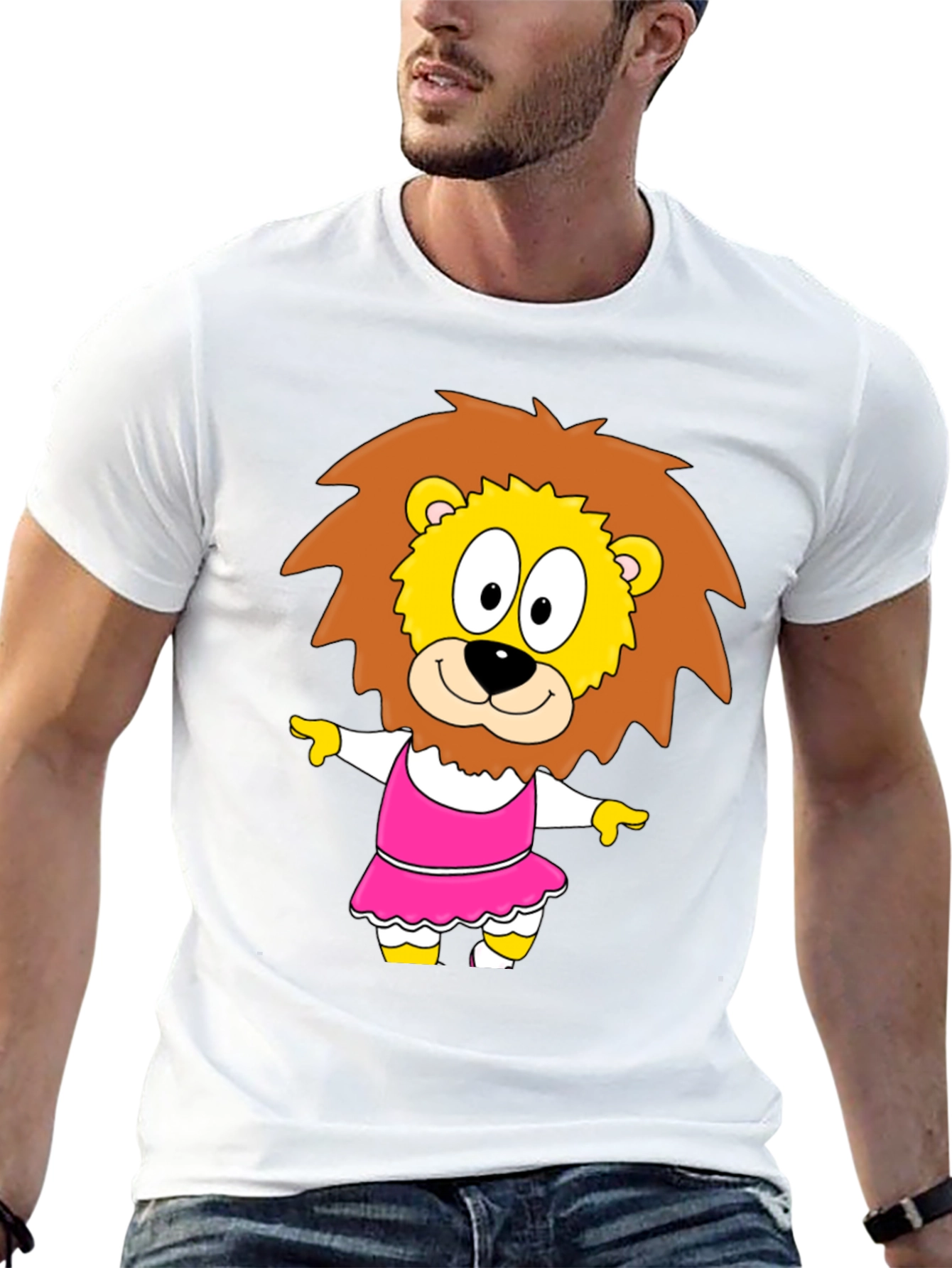 Cartoon Lion in Dress - Black T-Shirt
