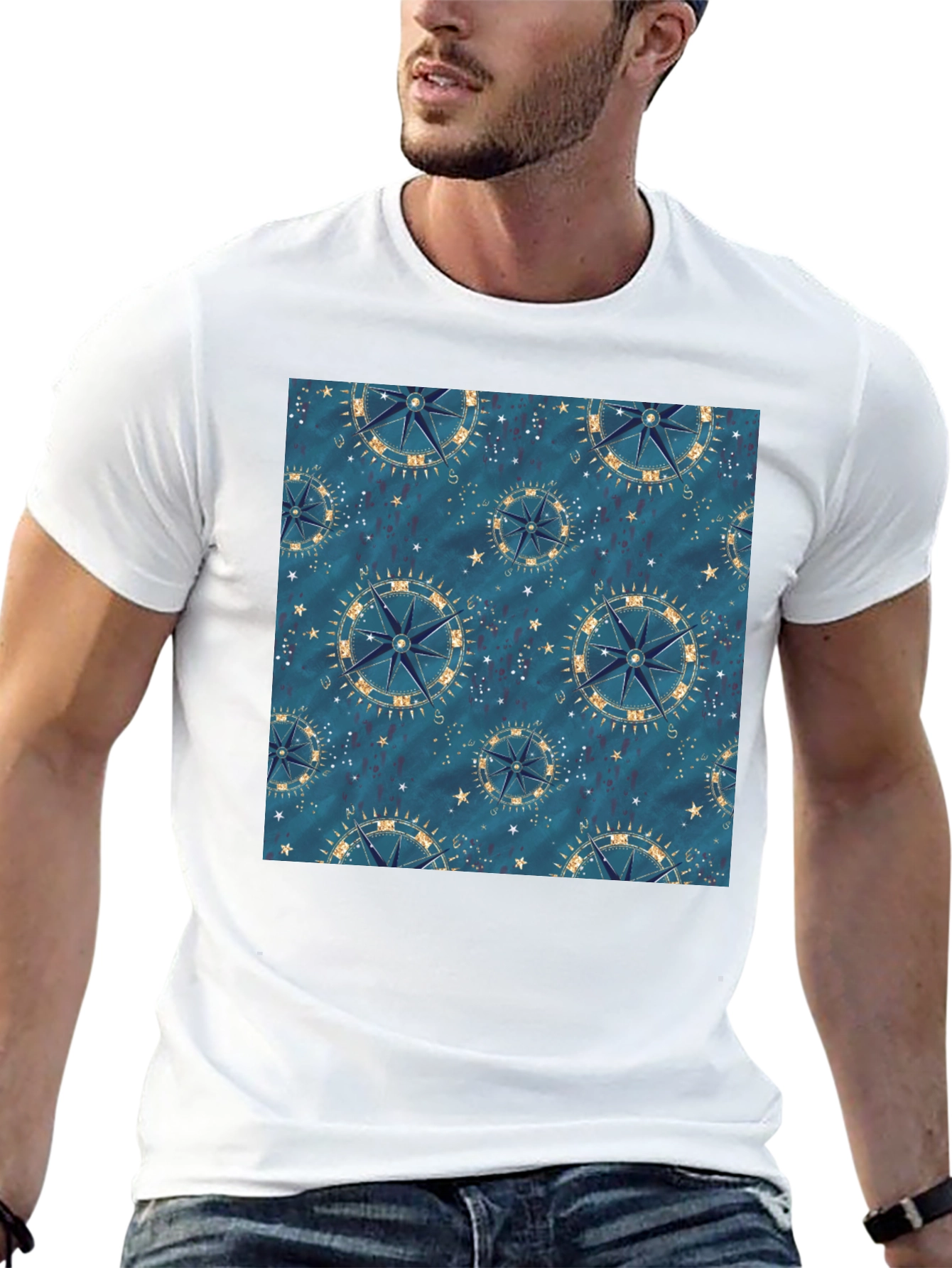 Nautical Compass Pattern Black T-Shirt