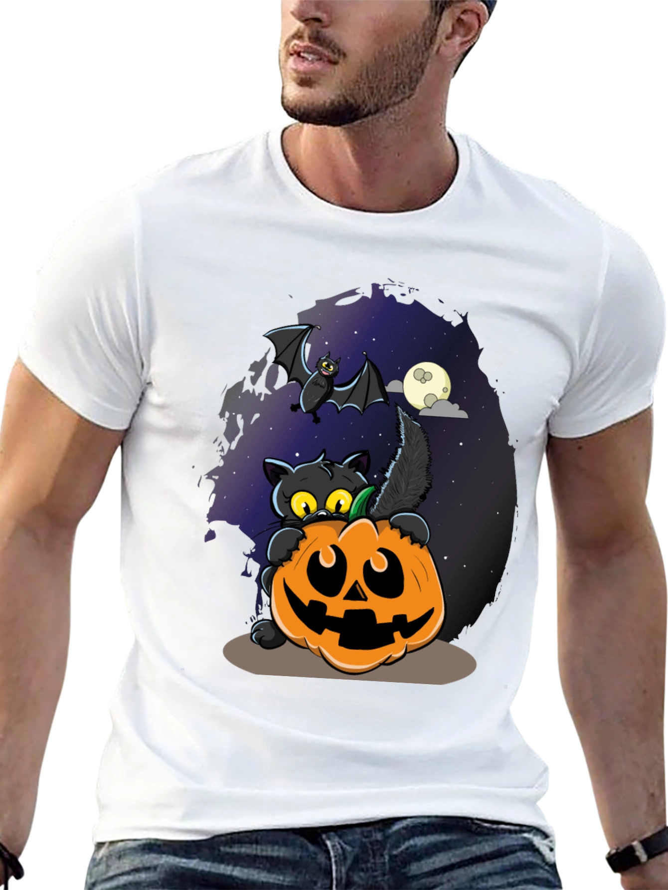 Halloween Cat & Pumpkin Graphic T-Shirt