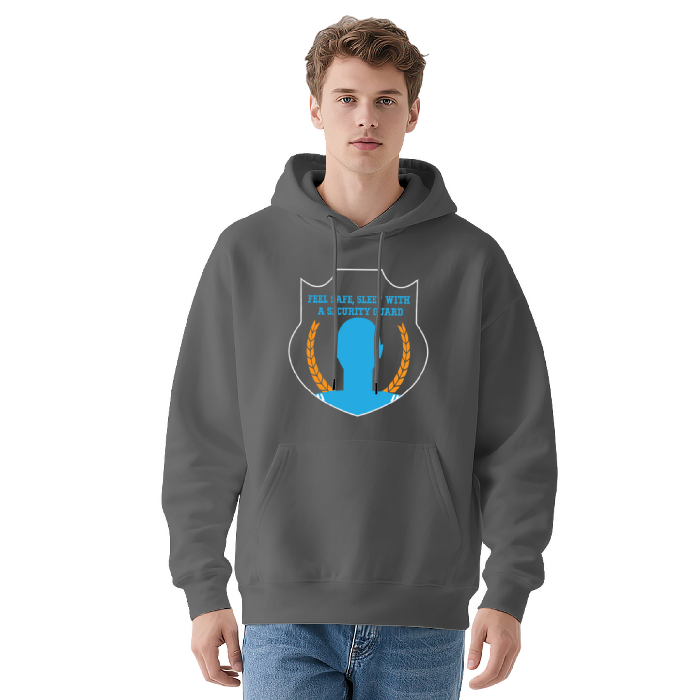 Security Guard Shield Graphic Black Hoodie, Unisex Comfy Outdoor Daily Hoodie