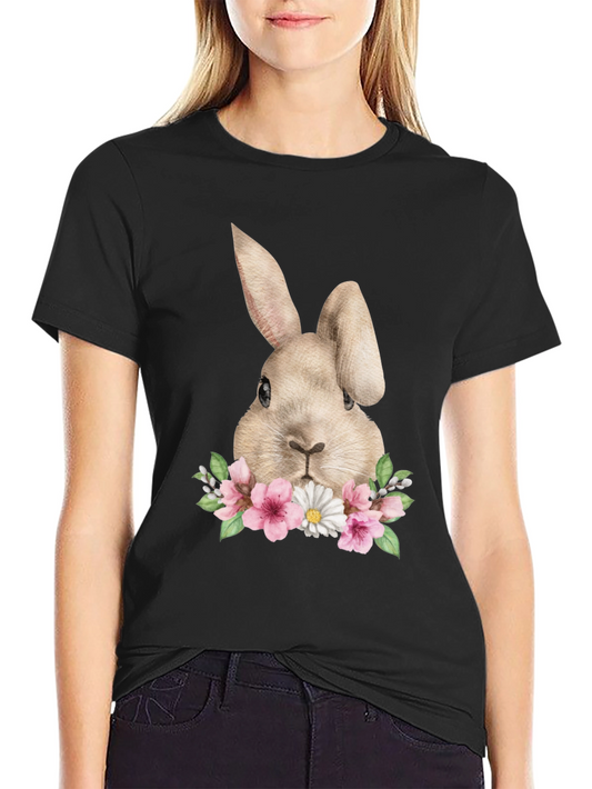 Floral Bunny Graphic Tee - Soft Black Cotton