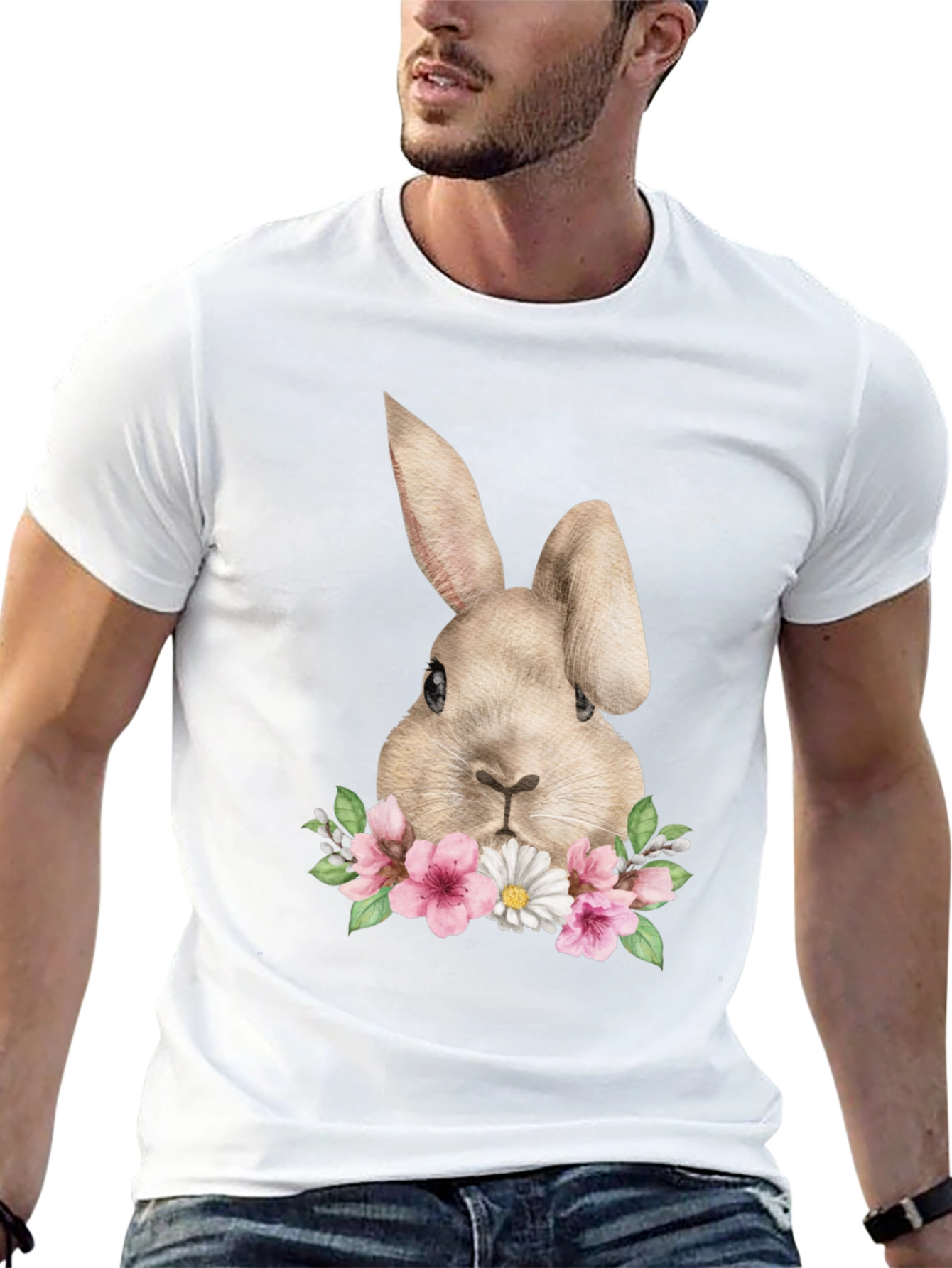 Floral Bunny Graphic Tee - Soft Black Cotton