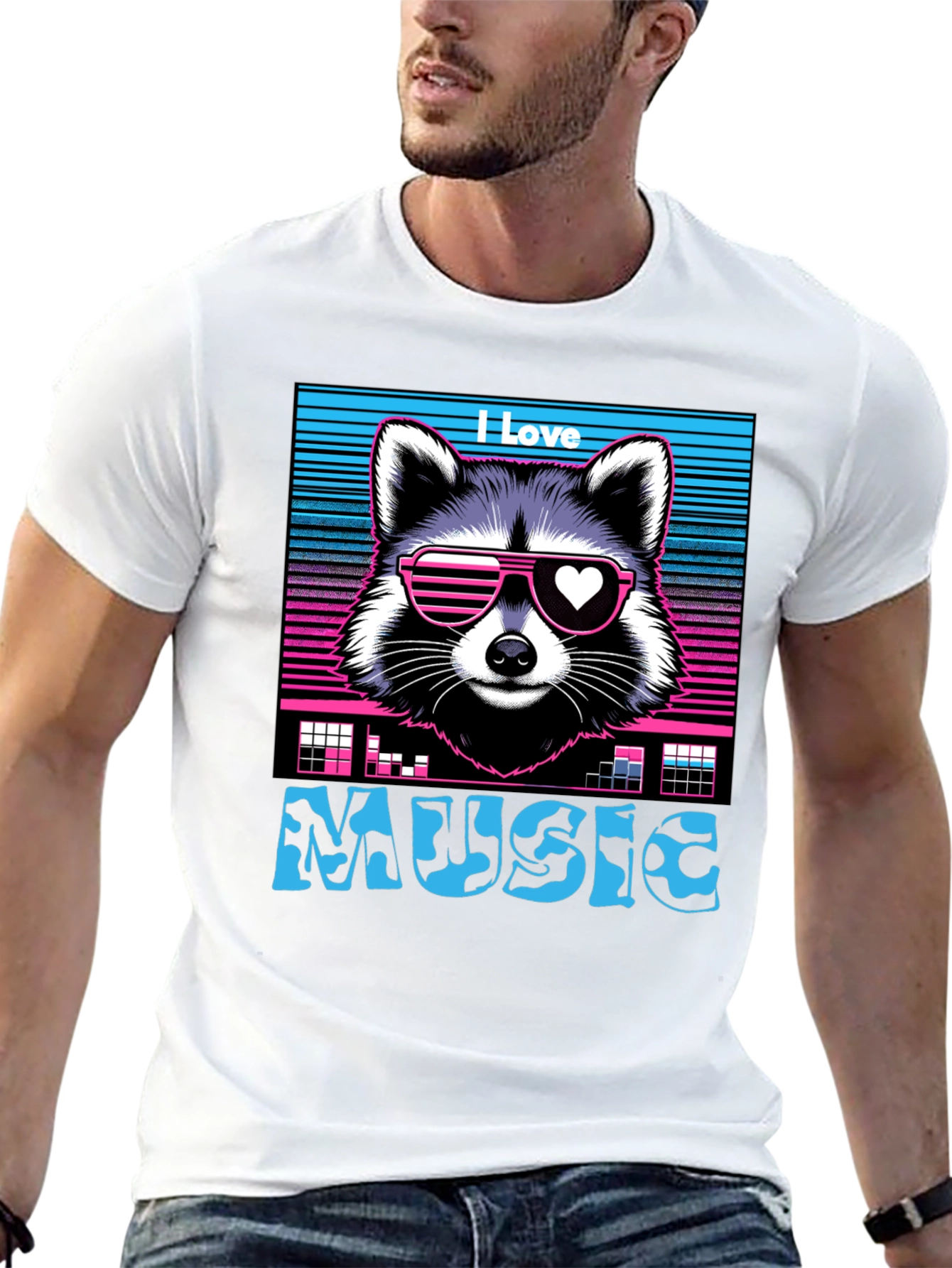 I Love Music Raccoon T-Shirt - Retro 80s Style