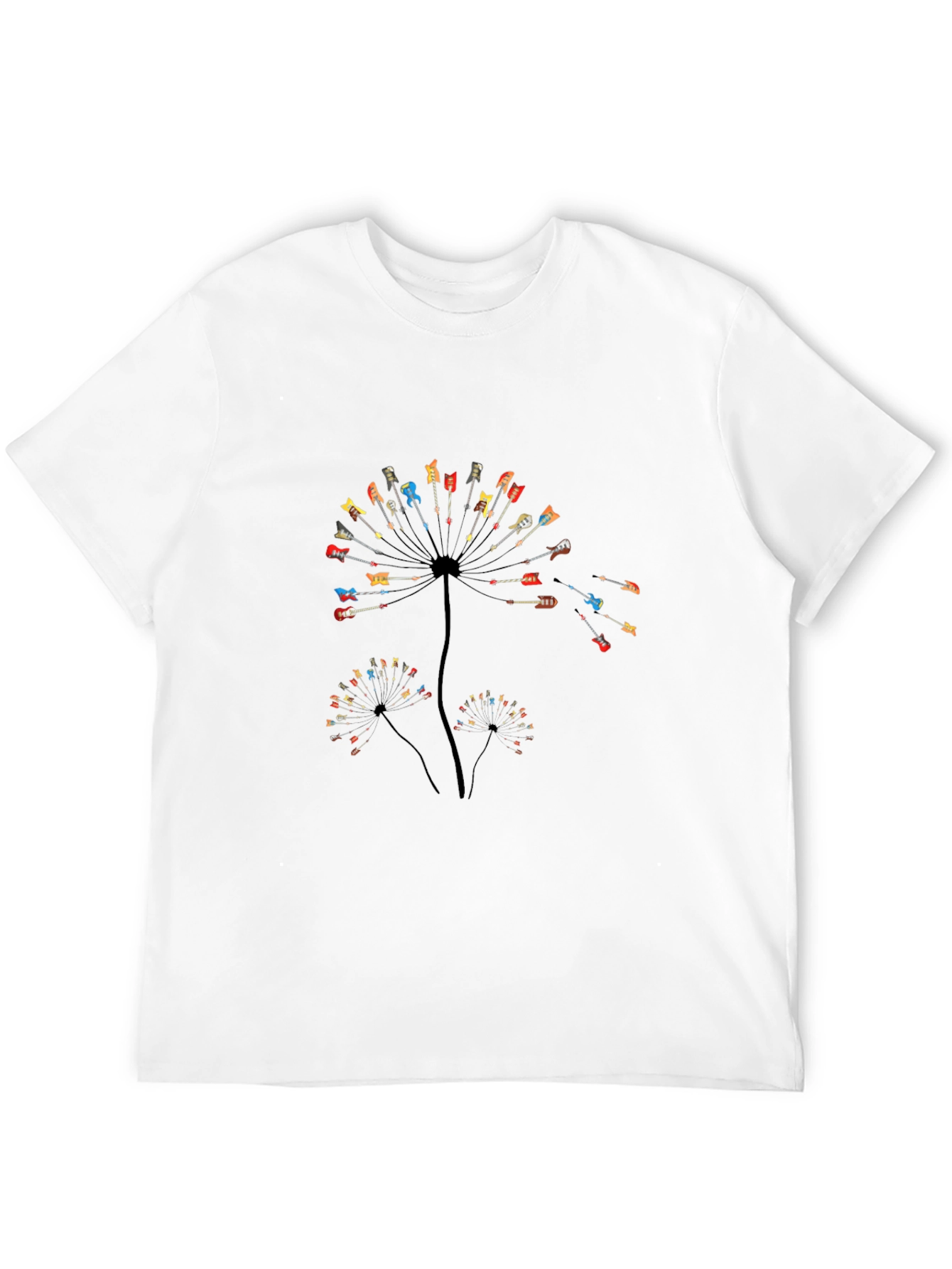 Guitar Dandelion Graphic Tee - Black Cotton Casual Shirt