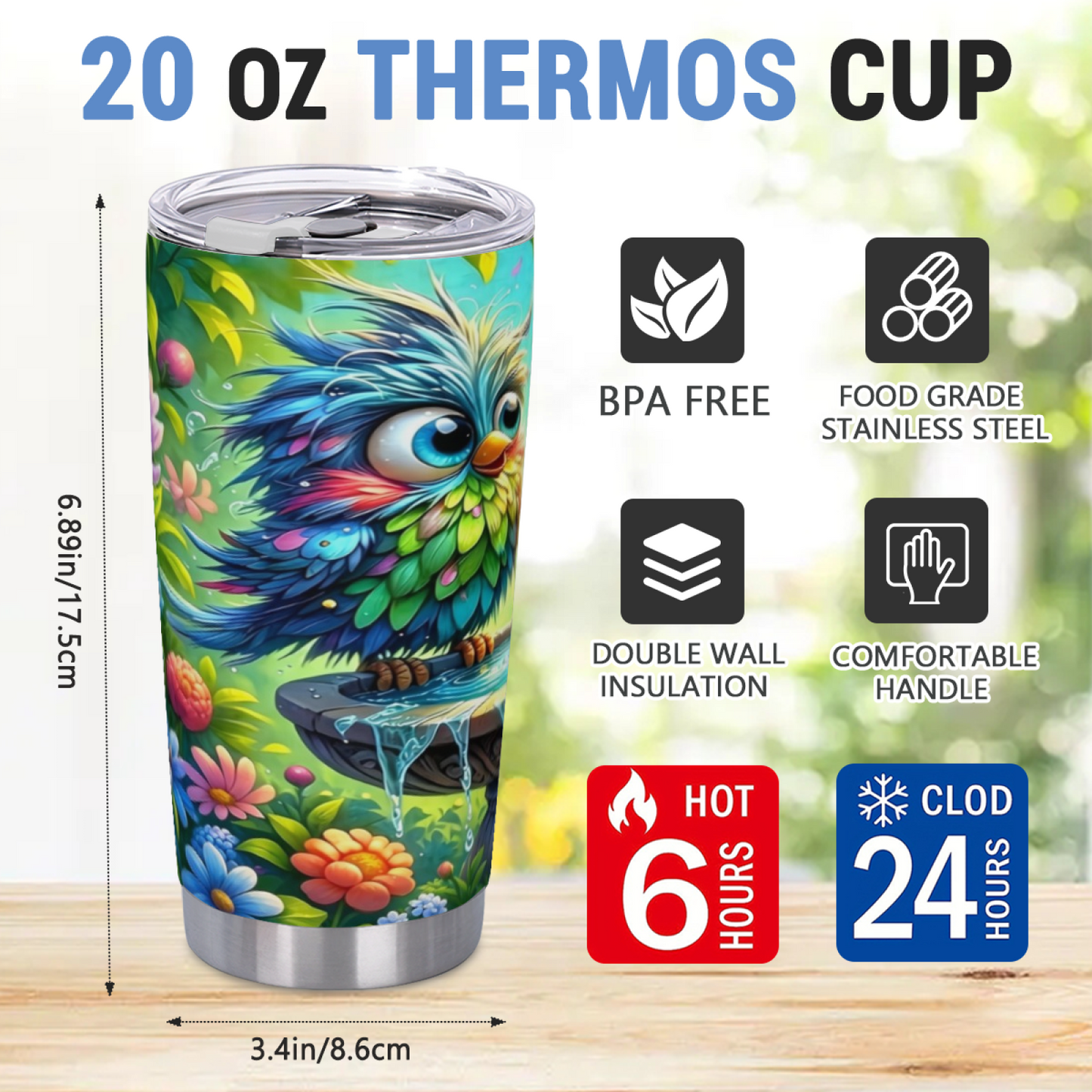 Whimsical Rainbow Fluffy Owl Floral Garden Cute Tumbler