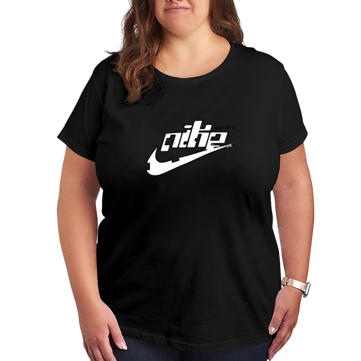 Cool Swoosh Logo Distorted Font Trendy Plus?Size Women Tee