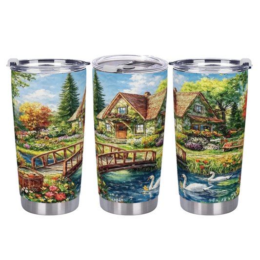 Colorful Autumn Creek Wooden Bridge Country Cottage Tumbler