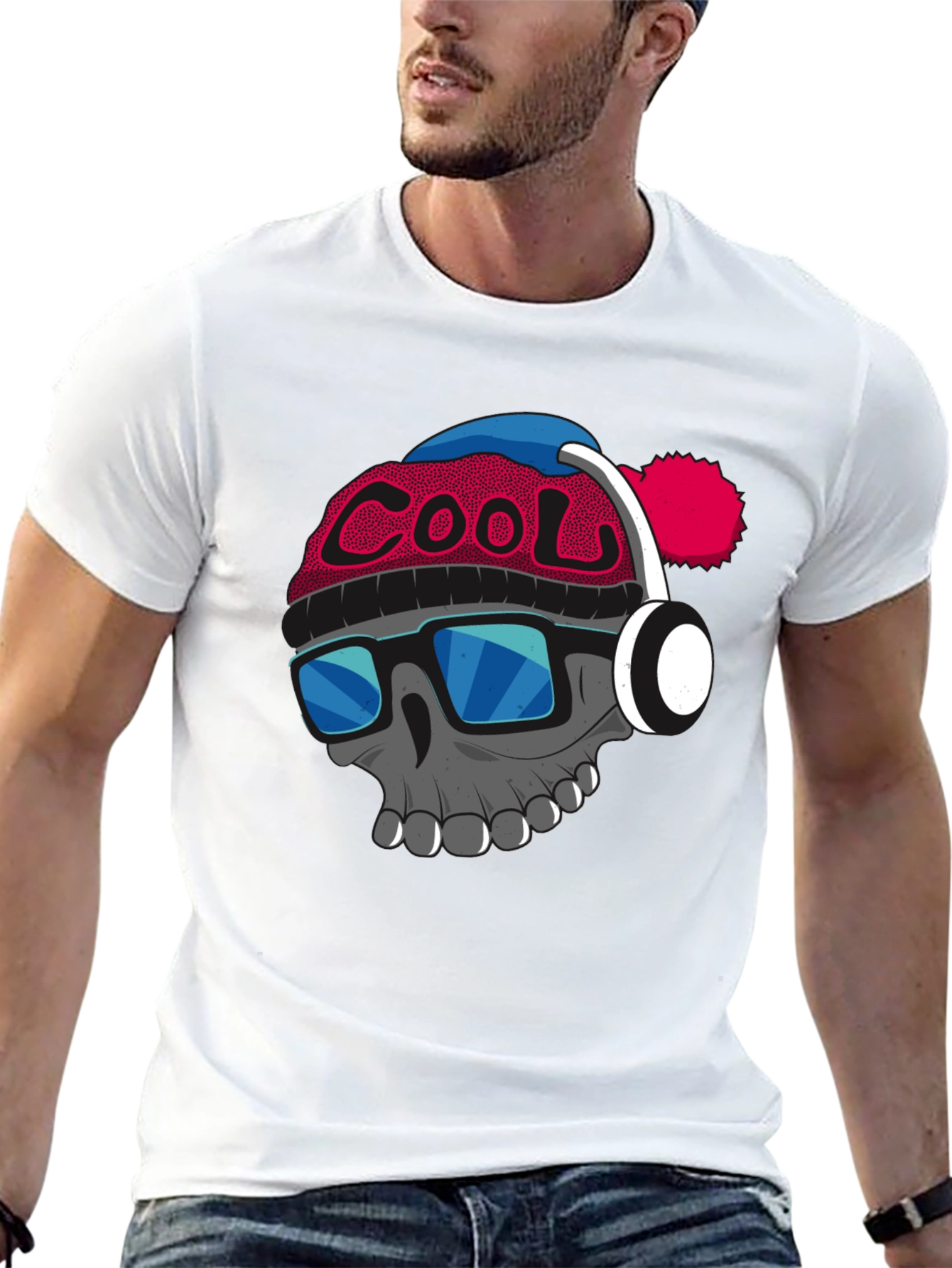 Cool Skull with Beanie & Headphones Graphic T-Shirt