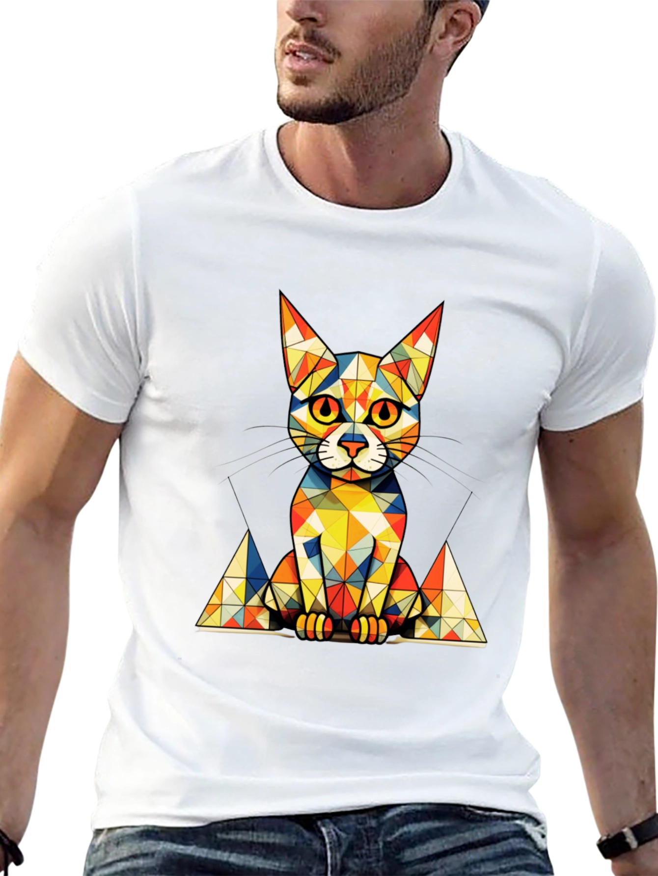 Geometric Cat Graphic Tee - Stylish Mens Black T-Shirt