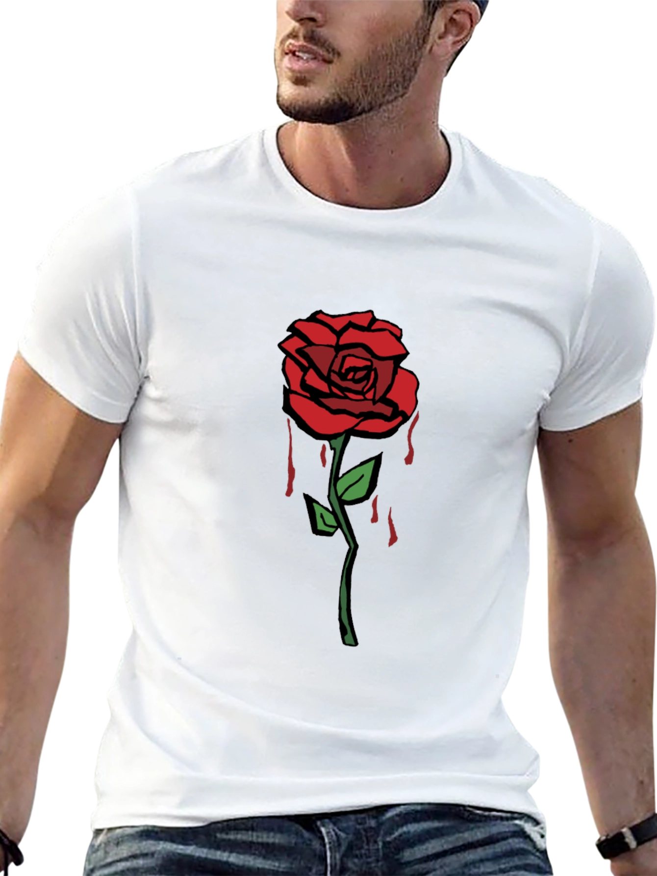Mens Black Graphic T-Shirt - Red Rose Design