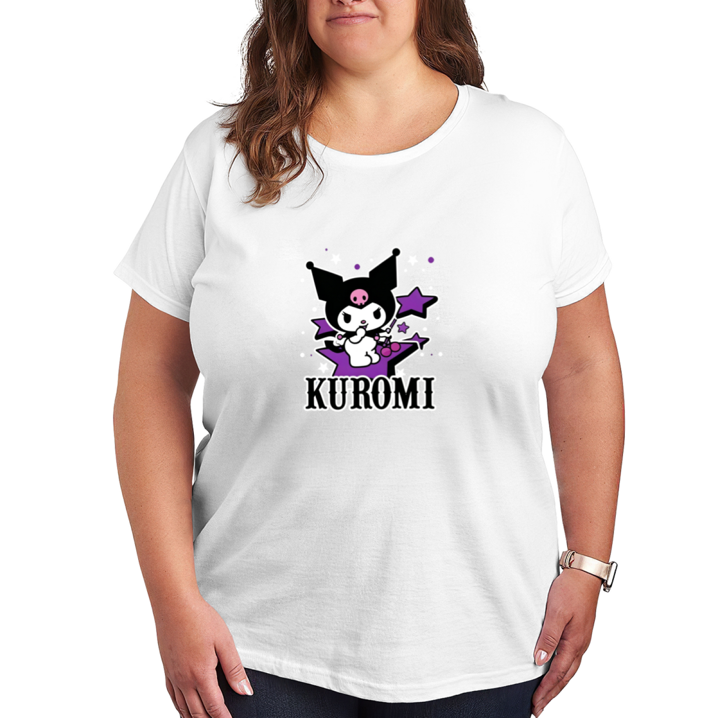 Plus Size Women Edgy Kuromi Purple Star Pattern Plus?Size Ladies Tee