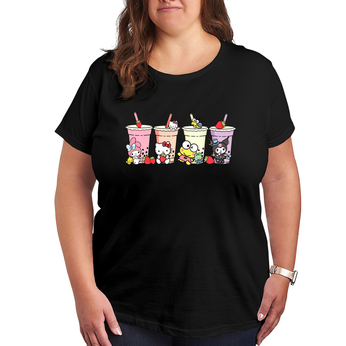 Sanrio Friends Bubble Tea Party Cute Group Print Plus?Size Women T?shirt