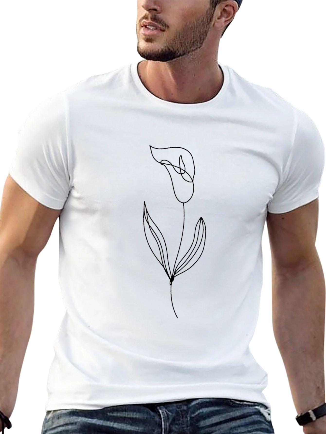 Mens Minimalist Lily Flower Graphic Black T-Shirt