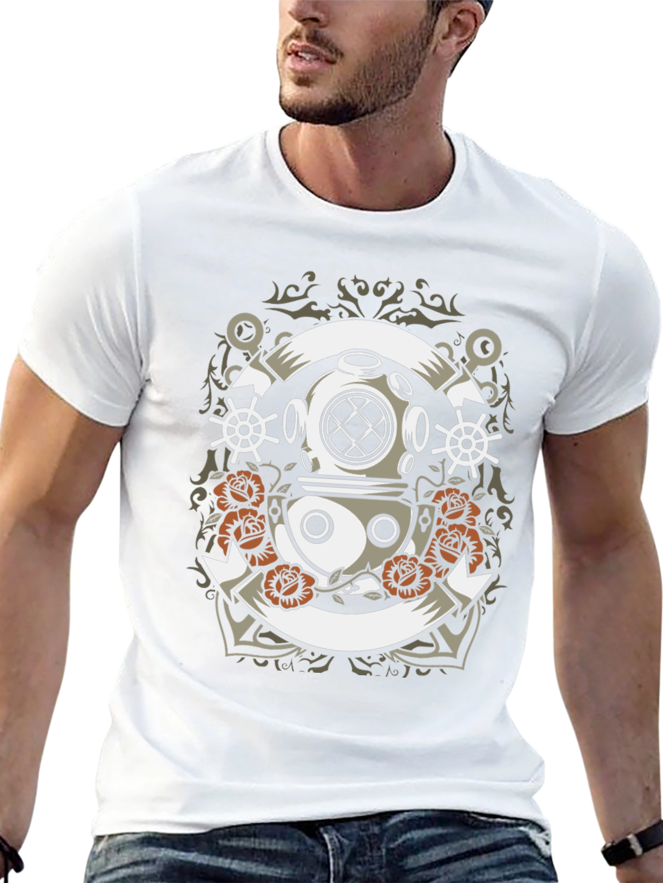 Diver Helmet & Roses Graphic Tee - Black