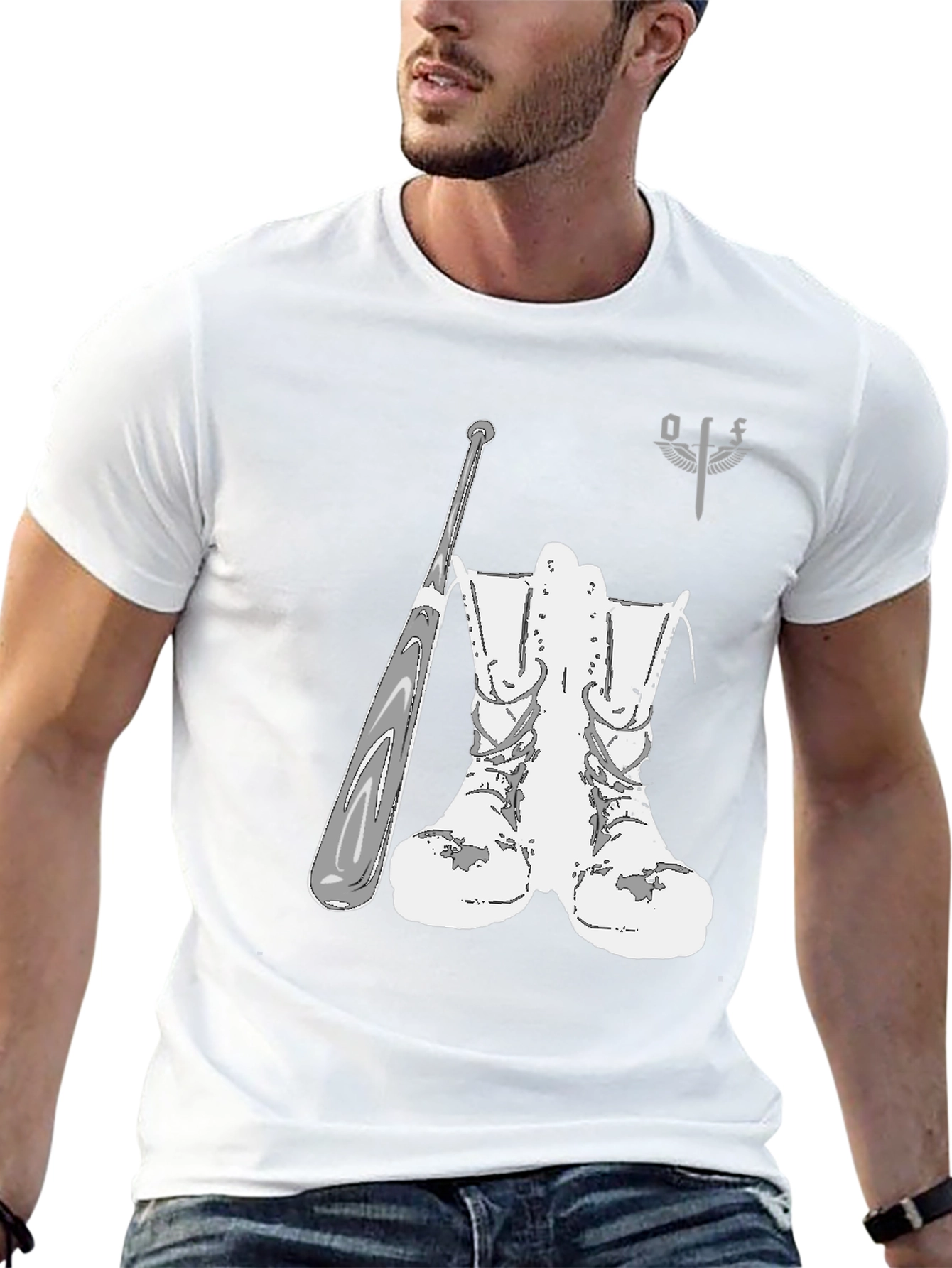 Graphic T-Shirt with Boots and Baseball Bat Design