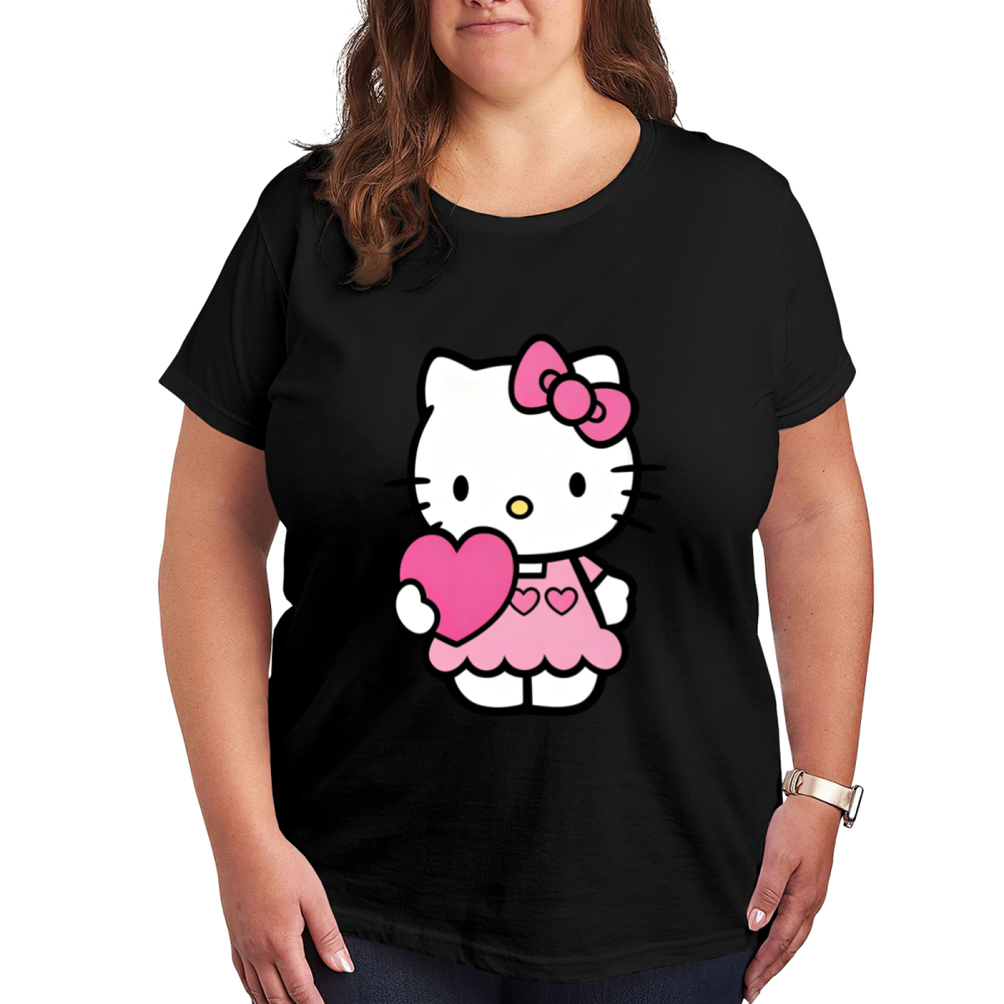 Cute Hello Kitty Holding Pink Heart & Pink Bow Graphic Plus Size Women White Crew Neck Short Sleeve T?Shirt