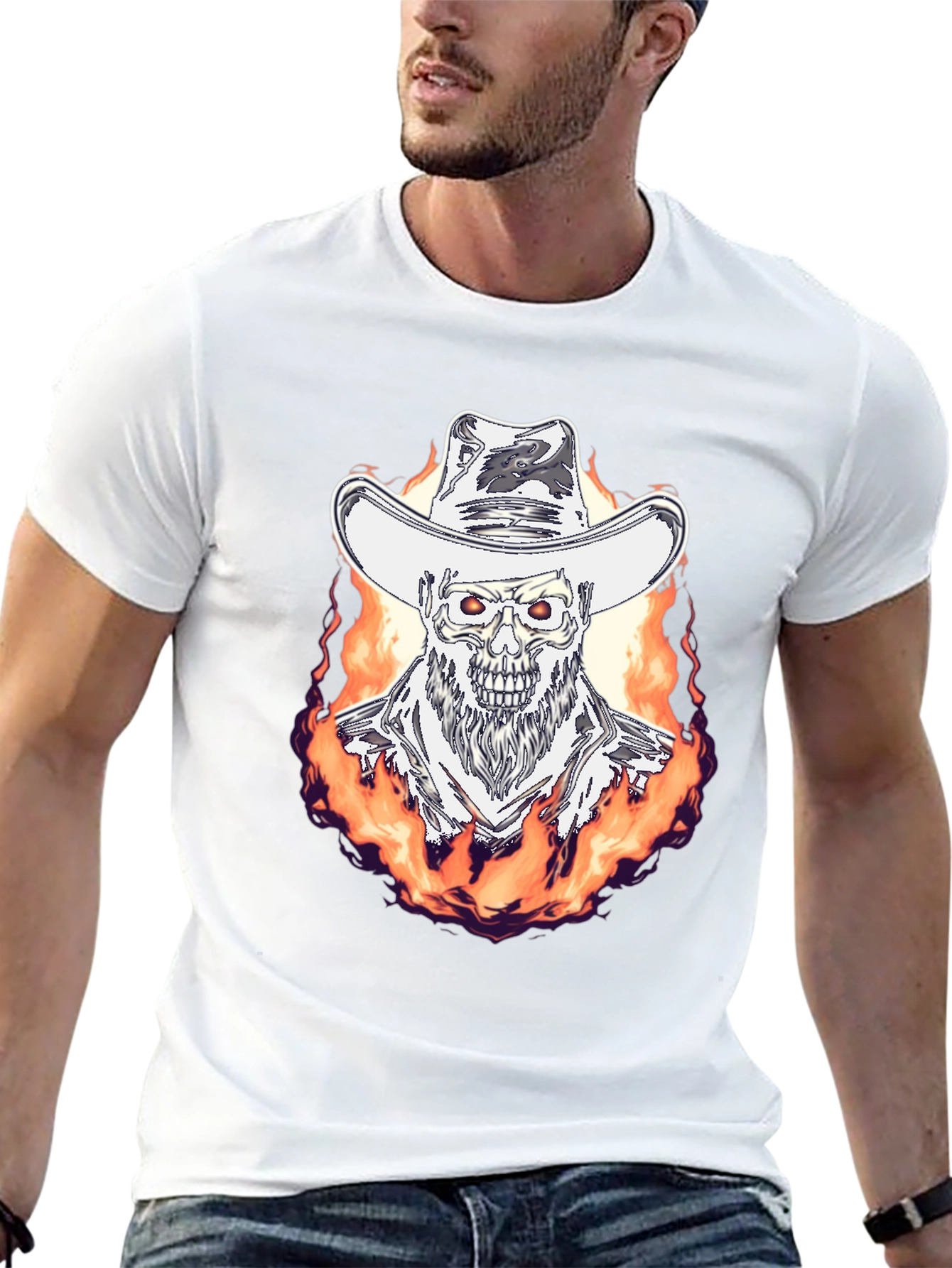 Flaming Cowboy Skull Graphic Tee - Black
