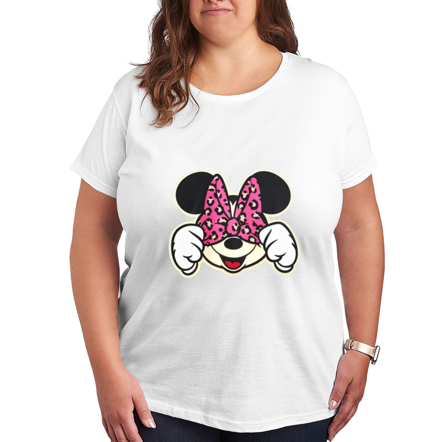 Playful Peeking Minnie Mouse Leopard Bow Plus?Size Black Tee