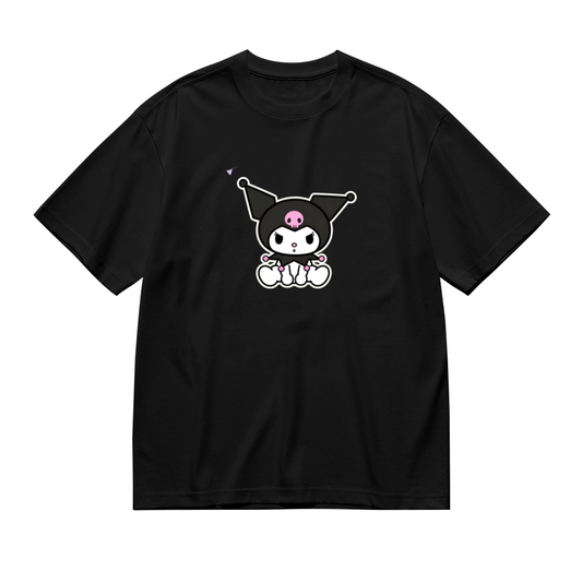 Cute Sitting Kuromi Cartoon Print Plus Size Black Women Tee