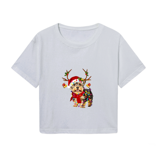 Adorable Yorkie Dog Christmas Lights Reindeer Antlers Holiday Crop Tee