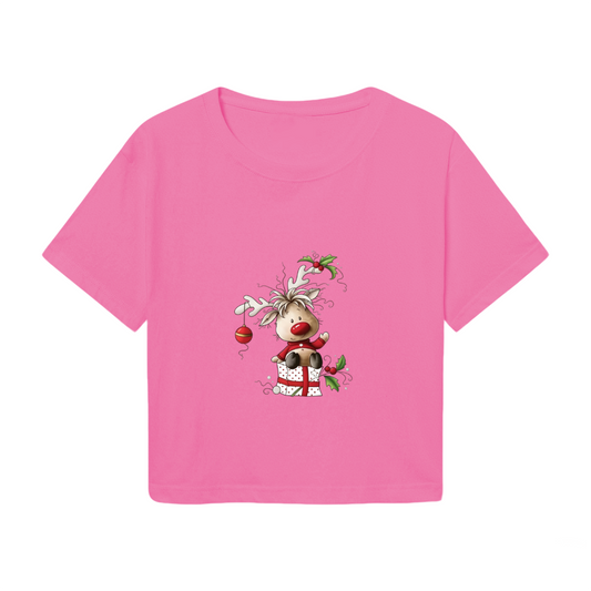 Cute Fluffy Reindeer In Gift Box Pink Christmas Women Cropped T?Shirt