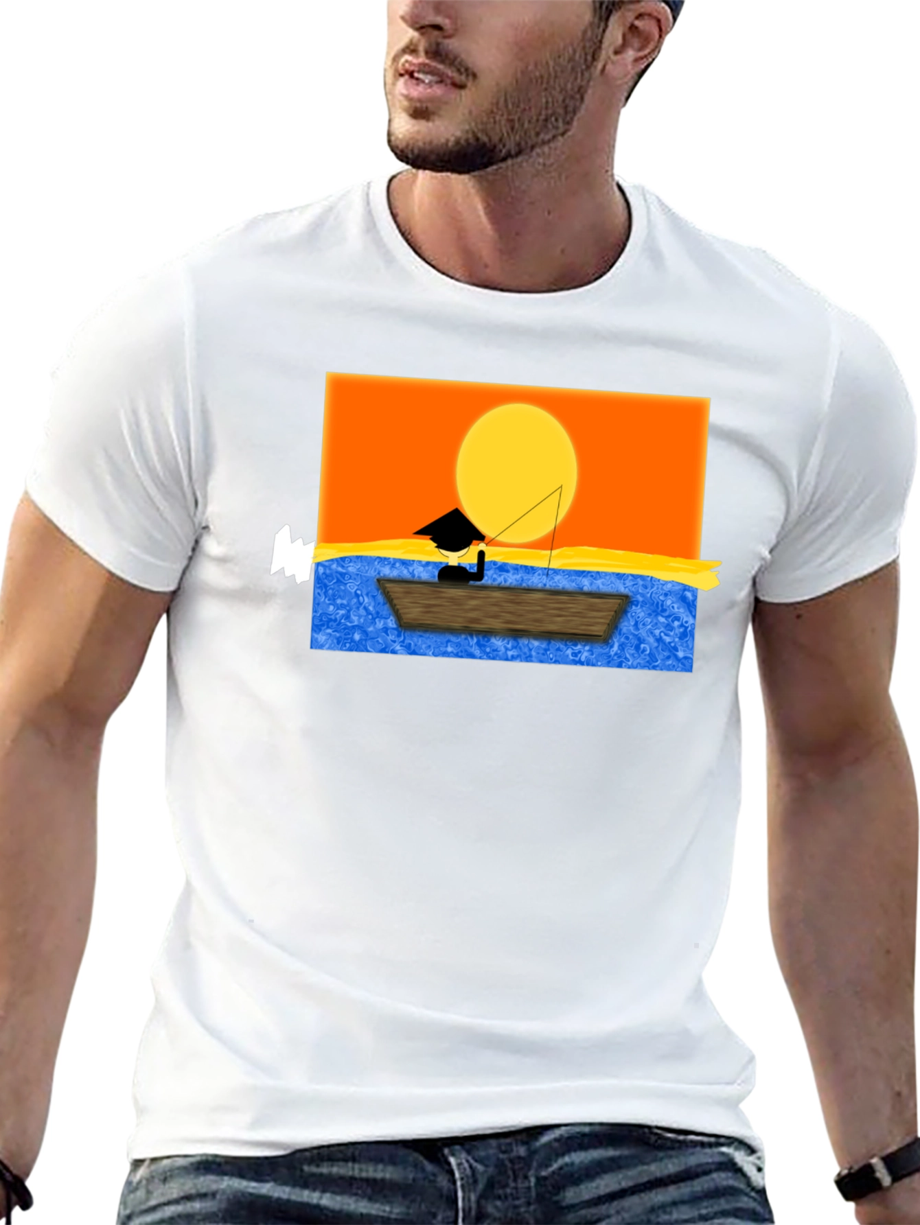 Sunset Fisherman Graphic Tee - Black Cotton Shirt