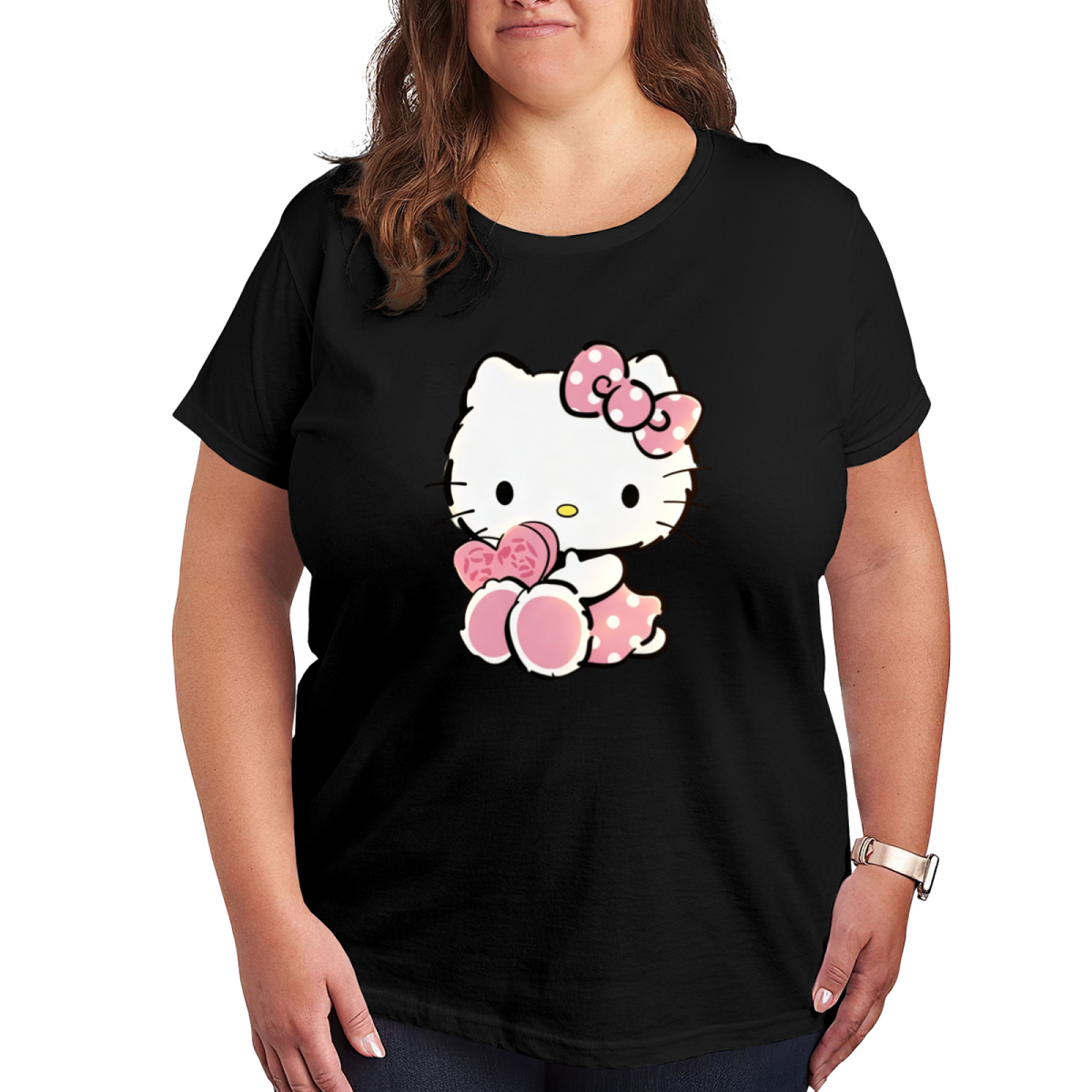 Lovely Hello Kitty Pink Heart Bow Plus Size Women Short Sleeve Tee
