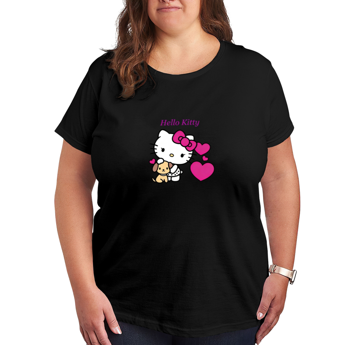 Plus Size Women Sweet Hello Kitty Puppy & Heart Pattern Casual Tee