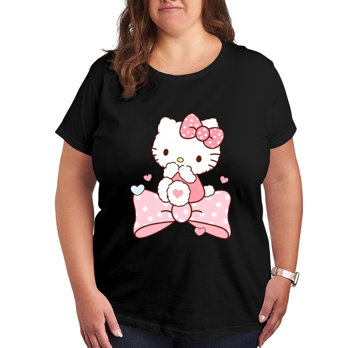 Fluffy Big Bow Hello Kitty Sweet Heart Plus Size Ladies Tee