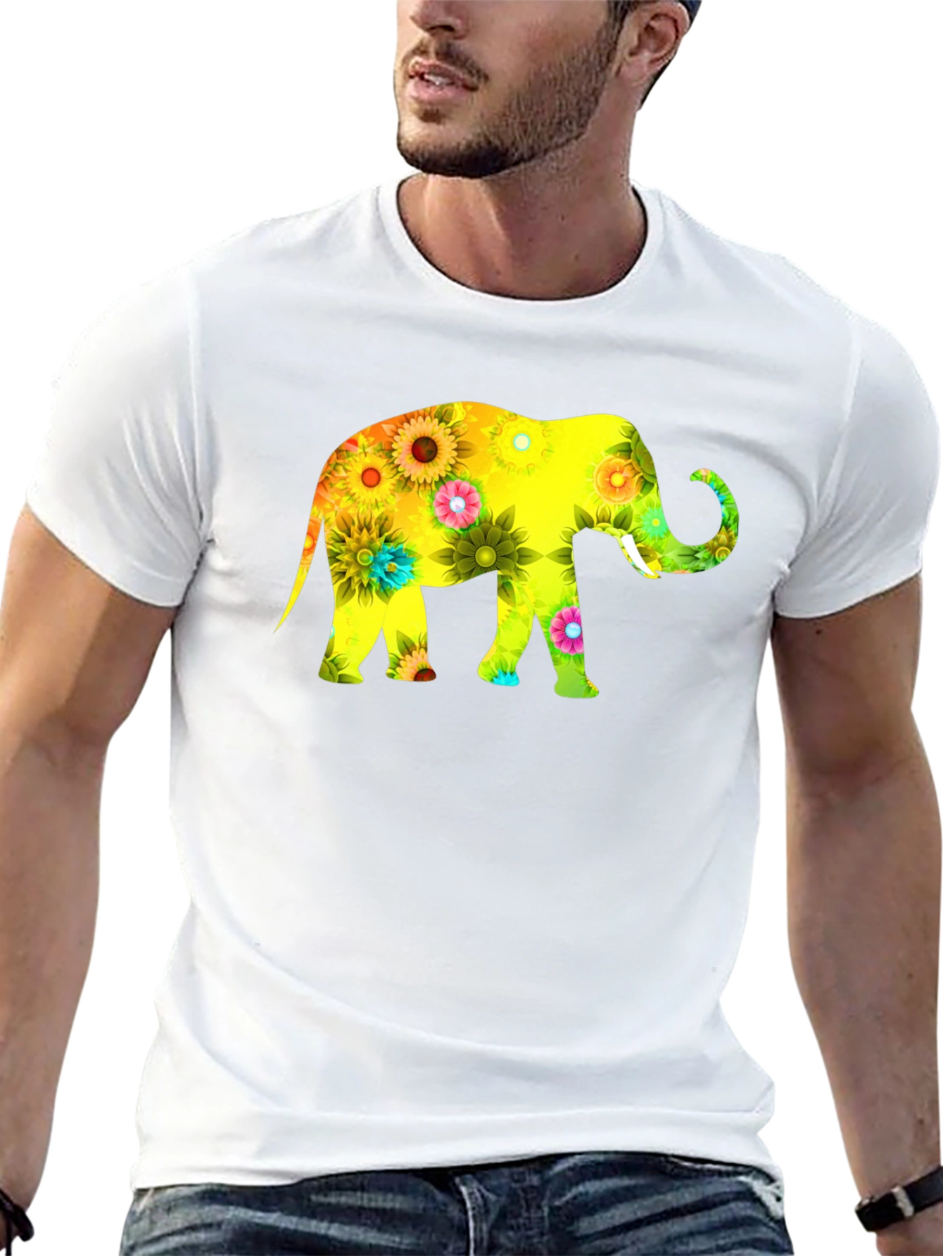 Floral Elephant Print Black T-Shirt