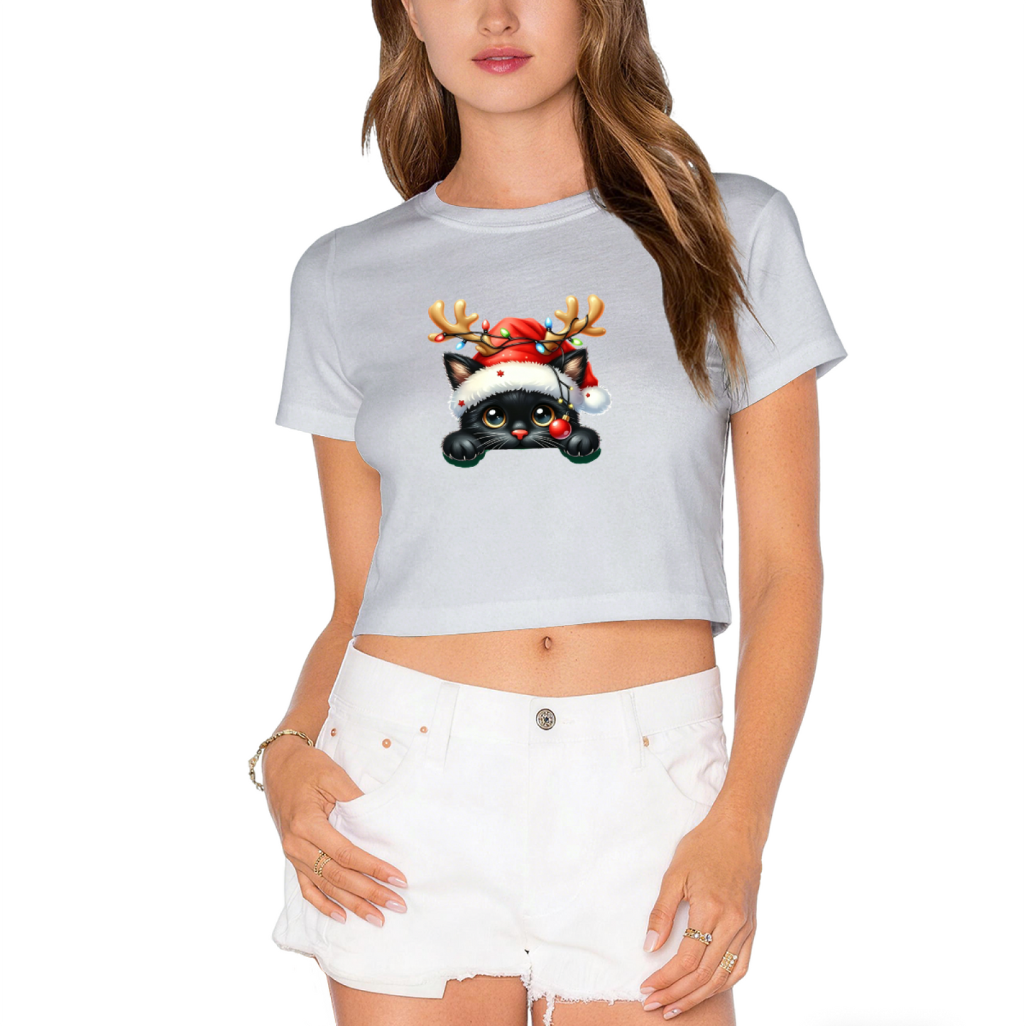 Adorable Reindeer?Hat Black Kitty Christmas Crop Top