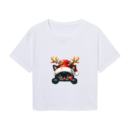 Adorable Reindeer?Hat Black Kitty Christmas Crop Top