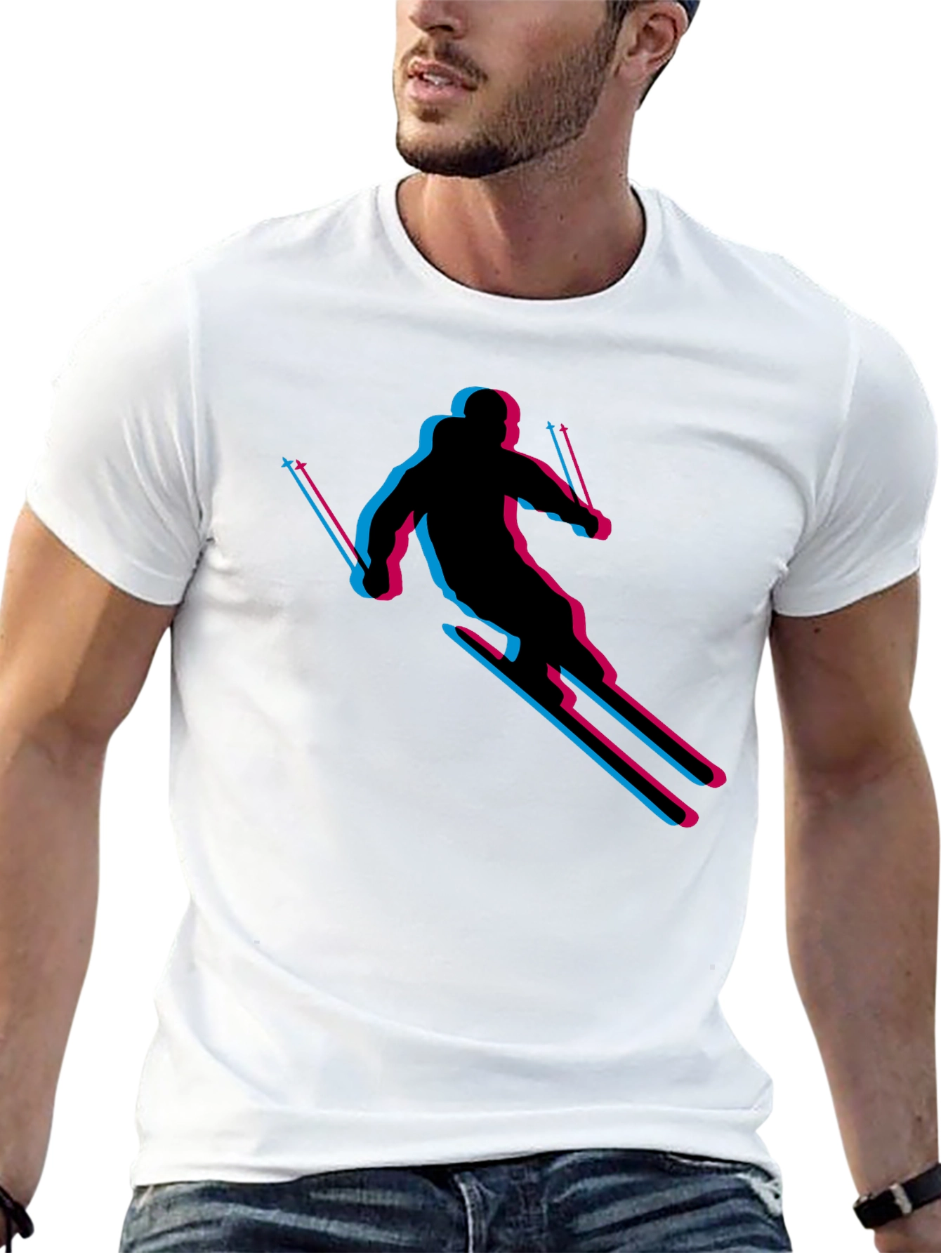 Retro Skiing T-Shirt - Black Cotton Blend