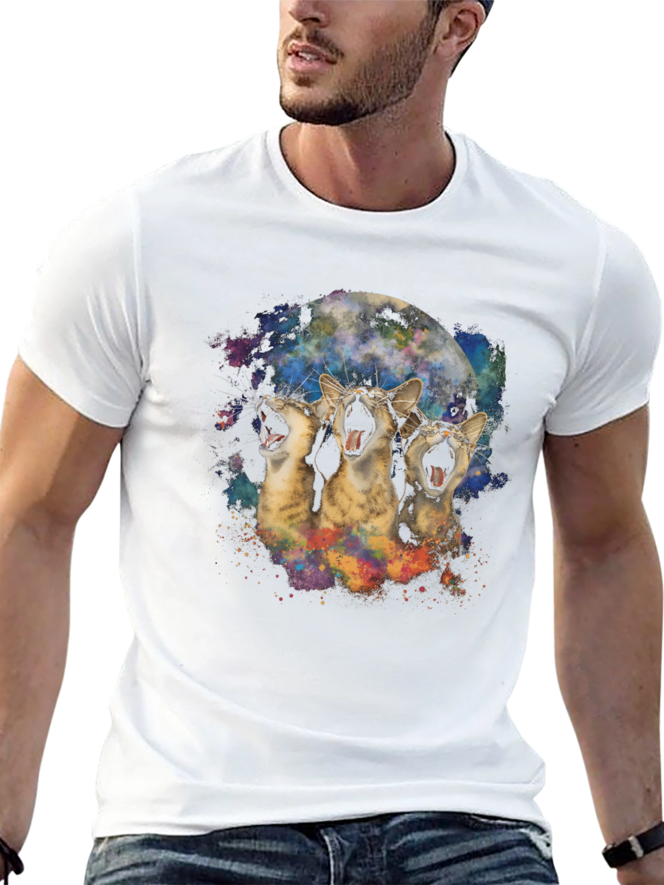 Three Cats Howling at the Moon Black T-Shirt