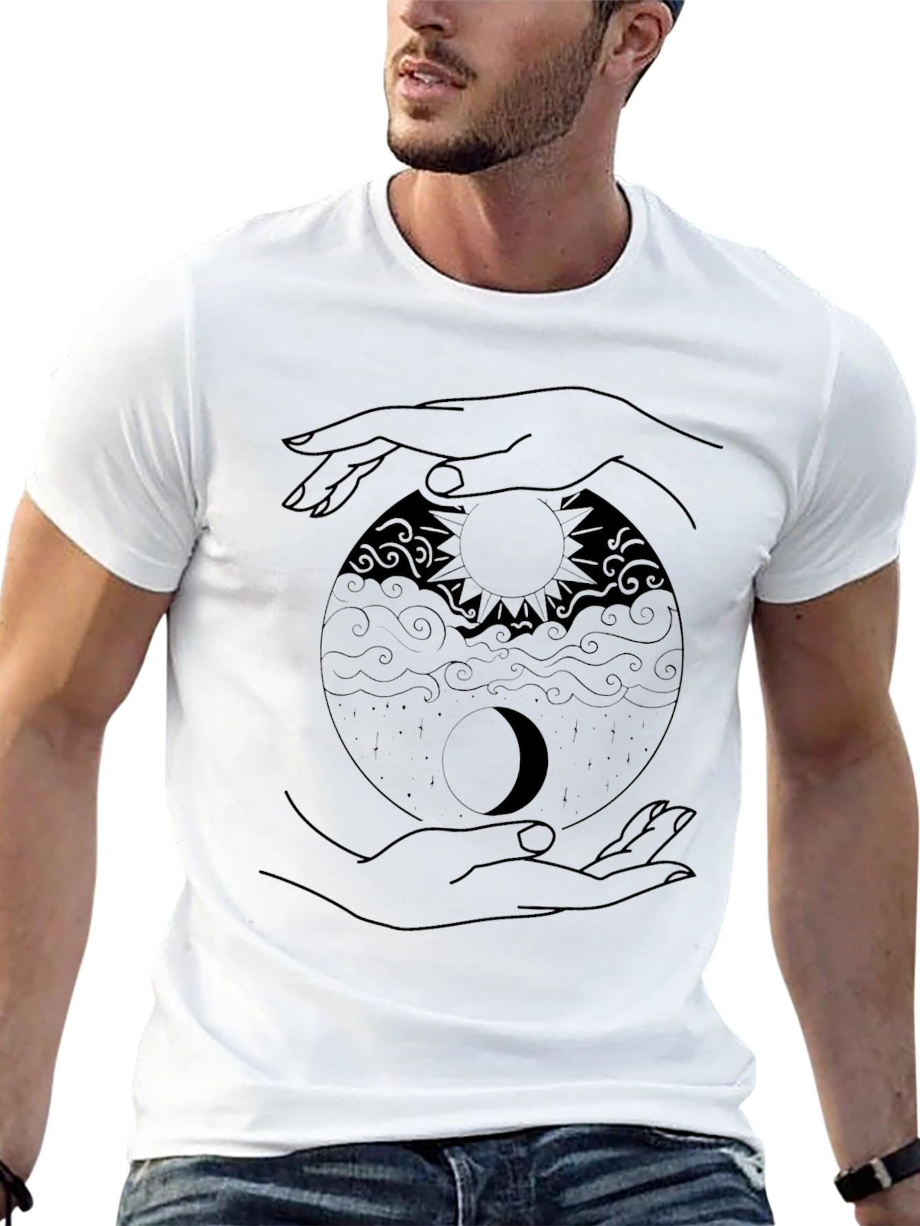 Yin Yang Sun Moon Hands Graphic Tee - Black
