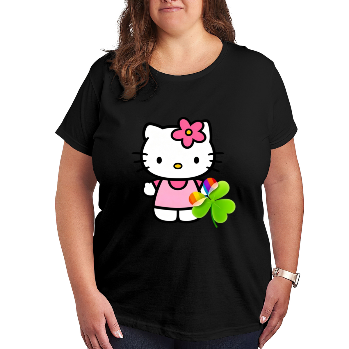 Lucky Clover Rainbow Hello Kitty Cute Plus?Size Casual Tee