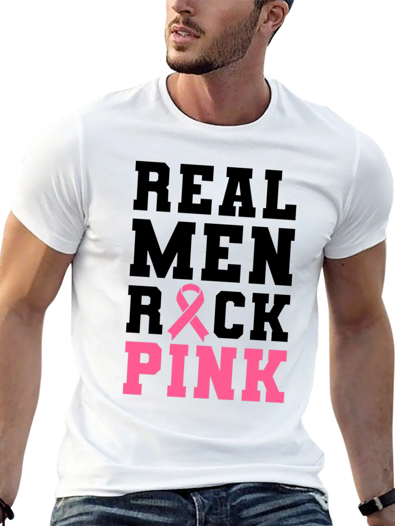 Real Men Rock Pink Breast Cancer Awareness T-Shirt