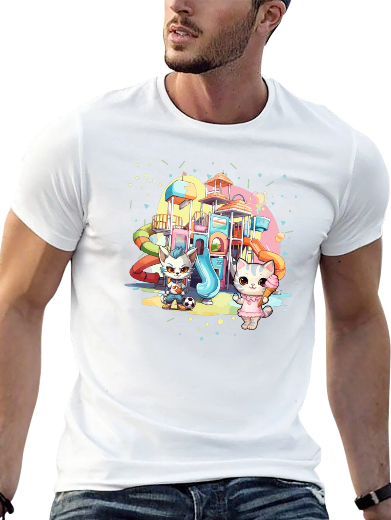 Cute Cartoon Cats on Playground Black T-Shirt