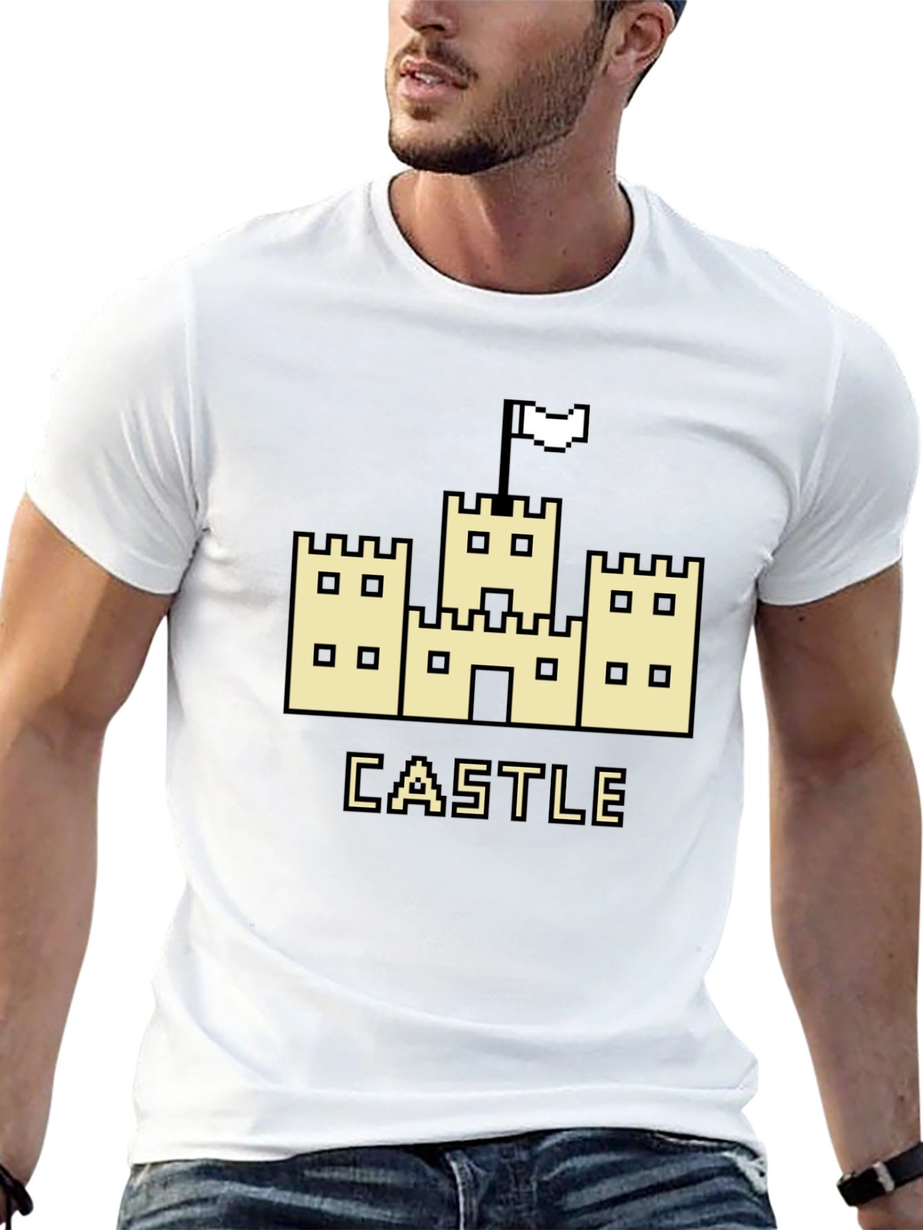 Retro Pixel Castle Graphic Tee - Black Cotton T-Shirt