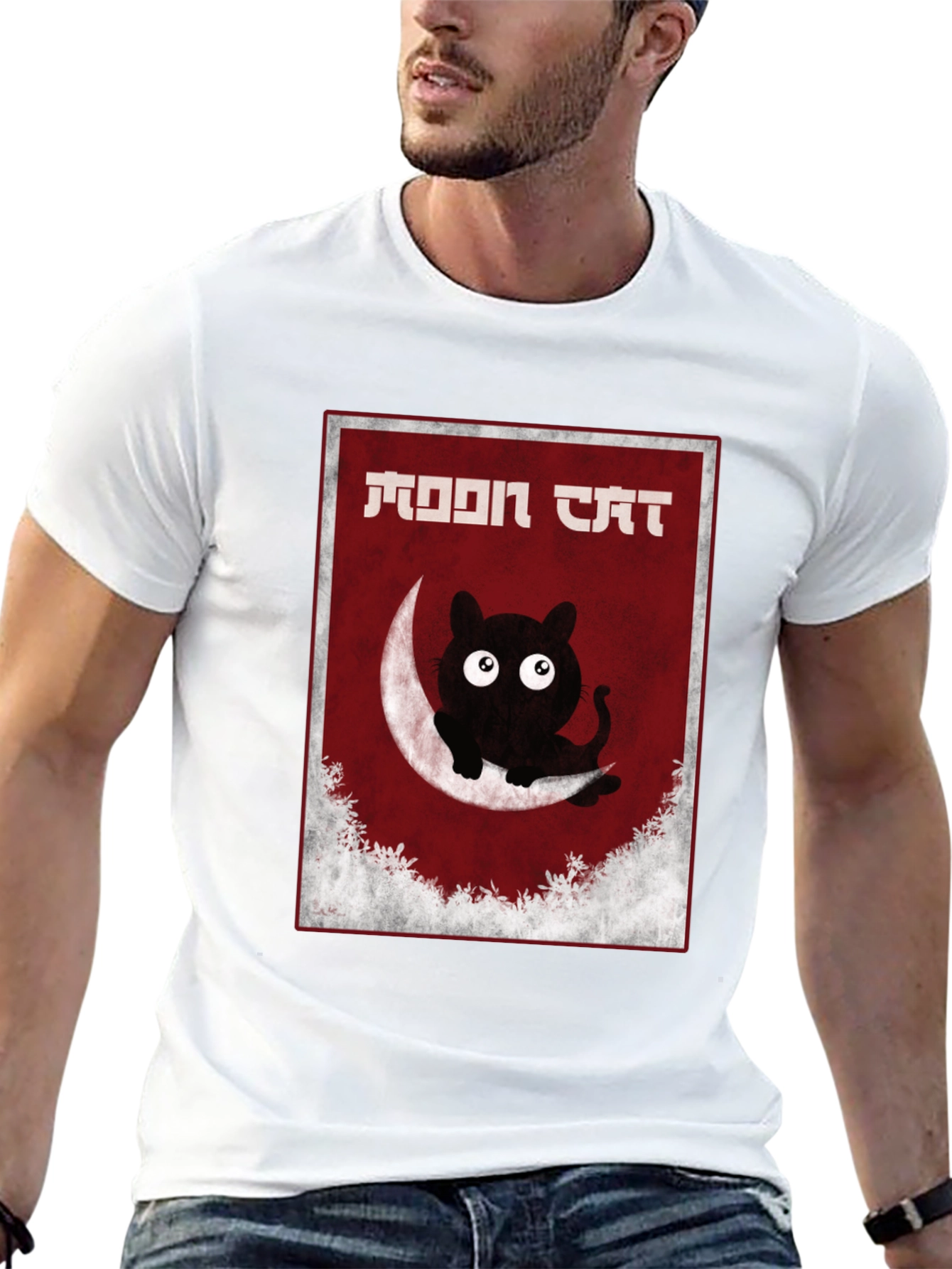 Moon Cat Graphic Tee - Black Cotton T-Shirt