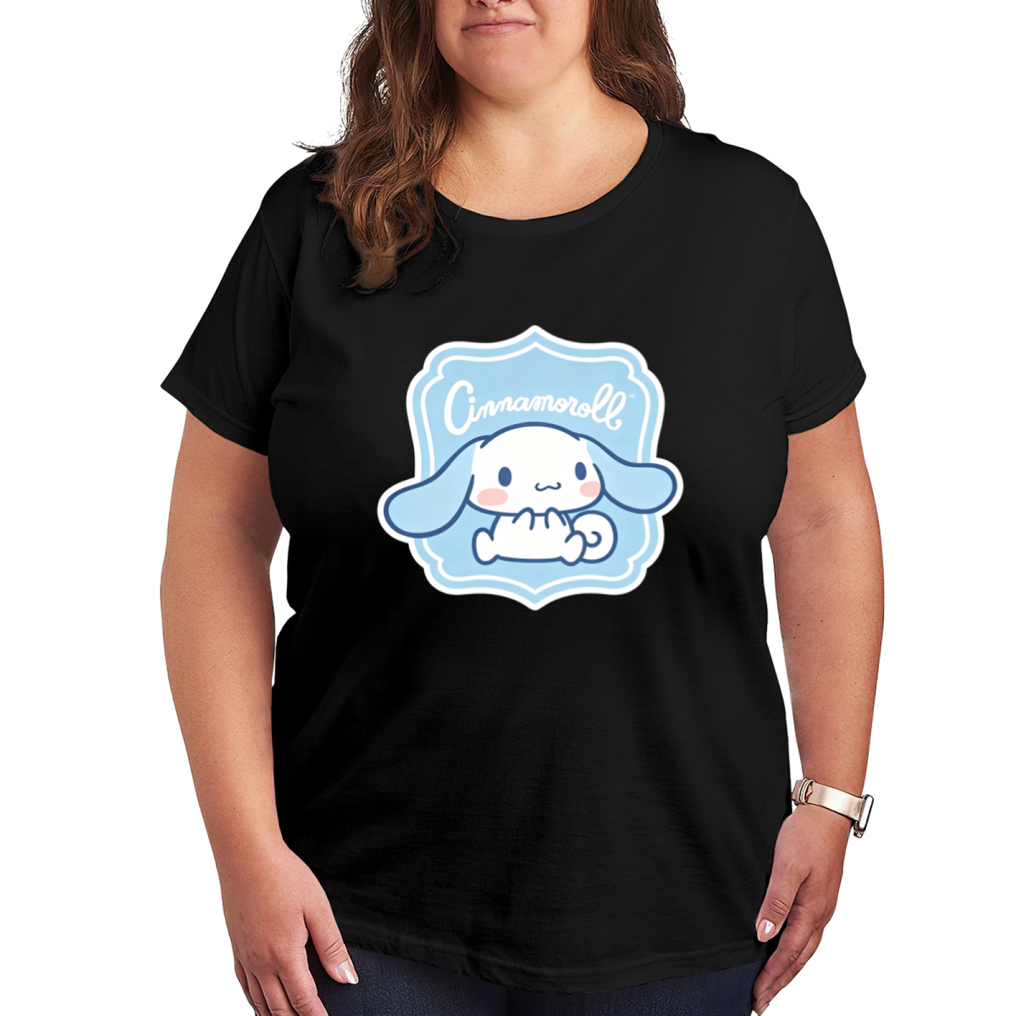 Adorable Cinnamoroll Blue Badge Frame Plus Size Ladies Graphic T?Shirt