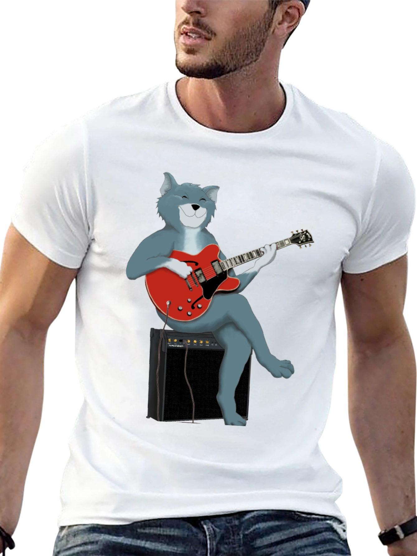 Cat Guitarist Graphic Tee - Black Cotton Shirt
