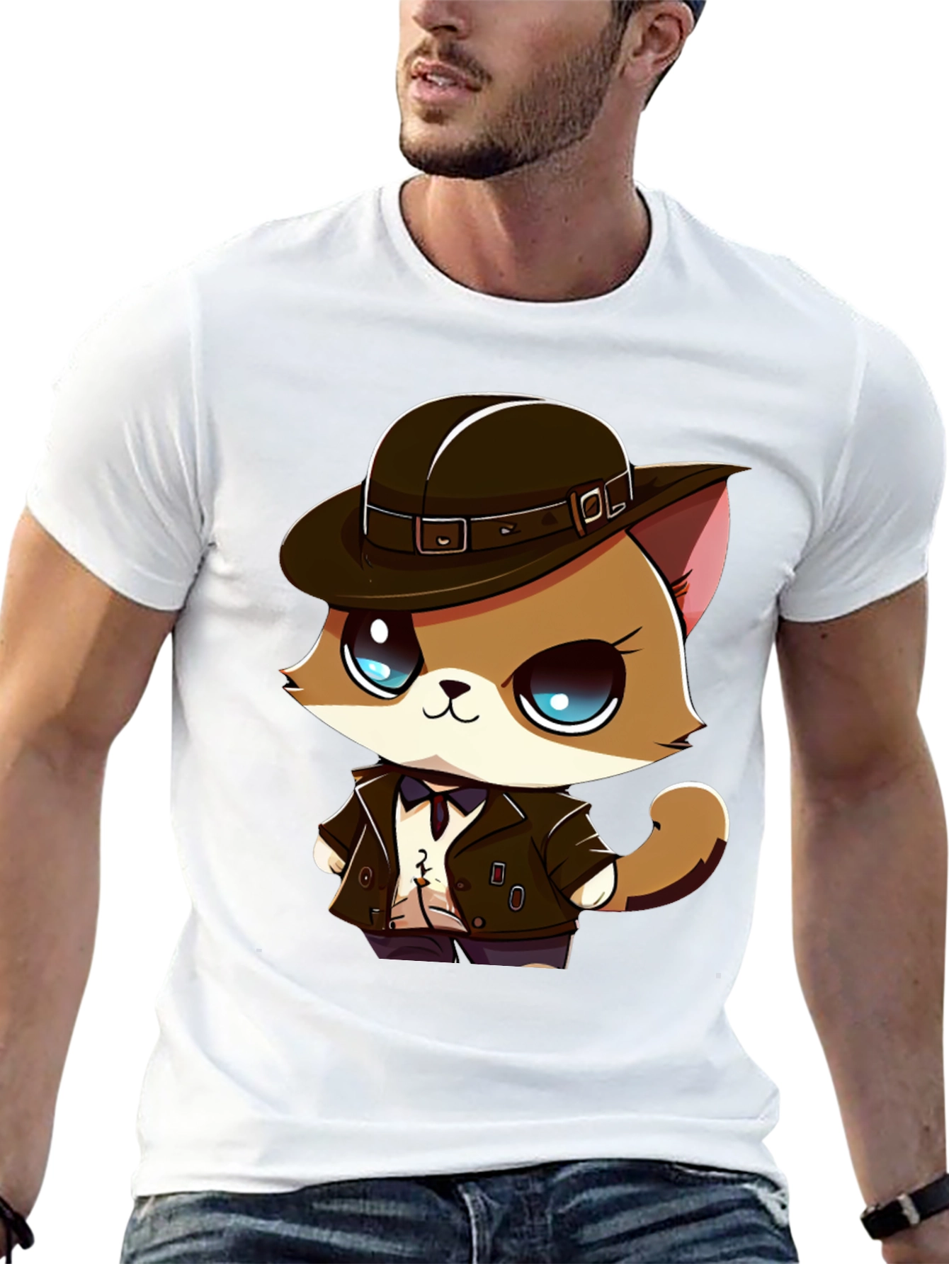 Detective Cat Cartoon T-Shirt - Black