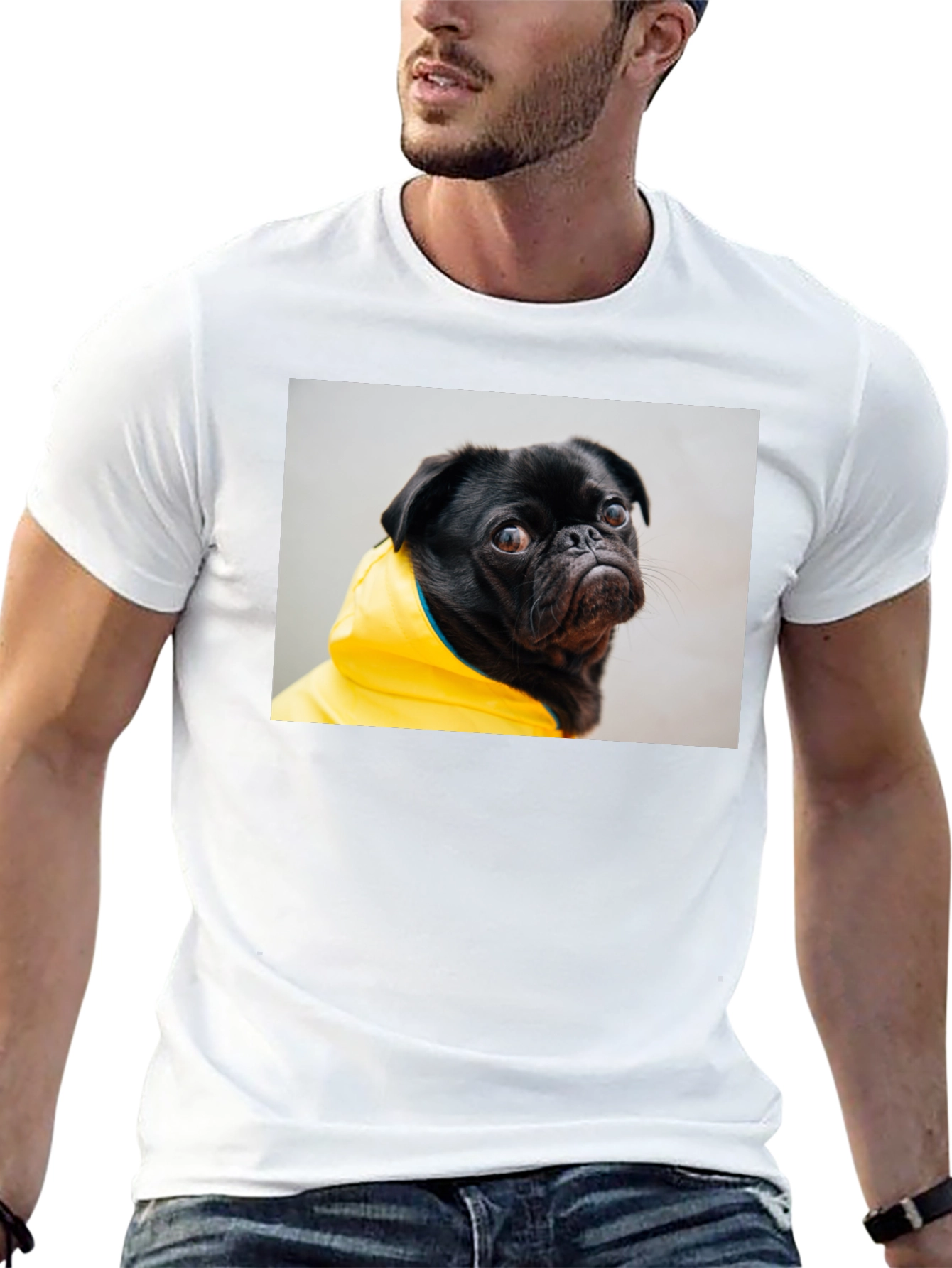 Black T-Shirt with Pug in Yellow Raincoat Graphic