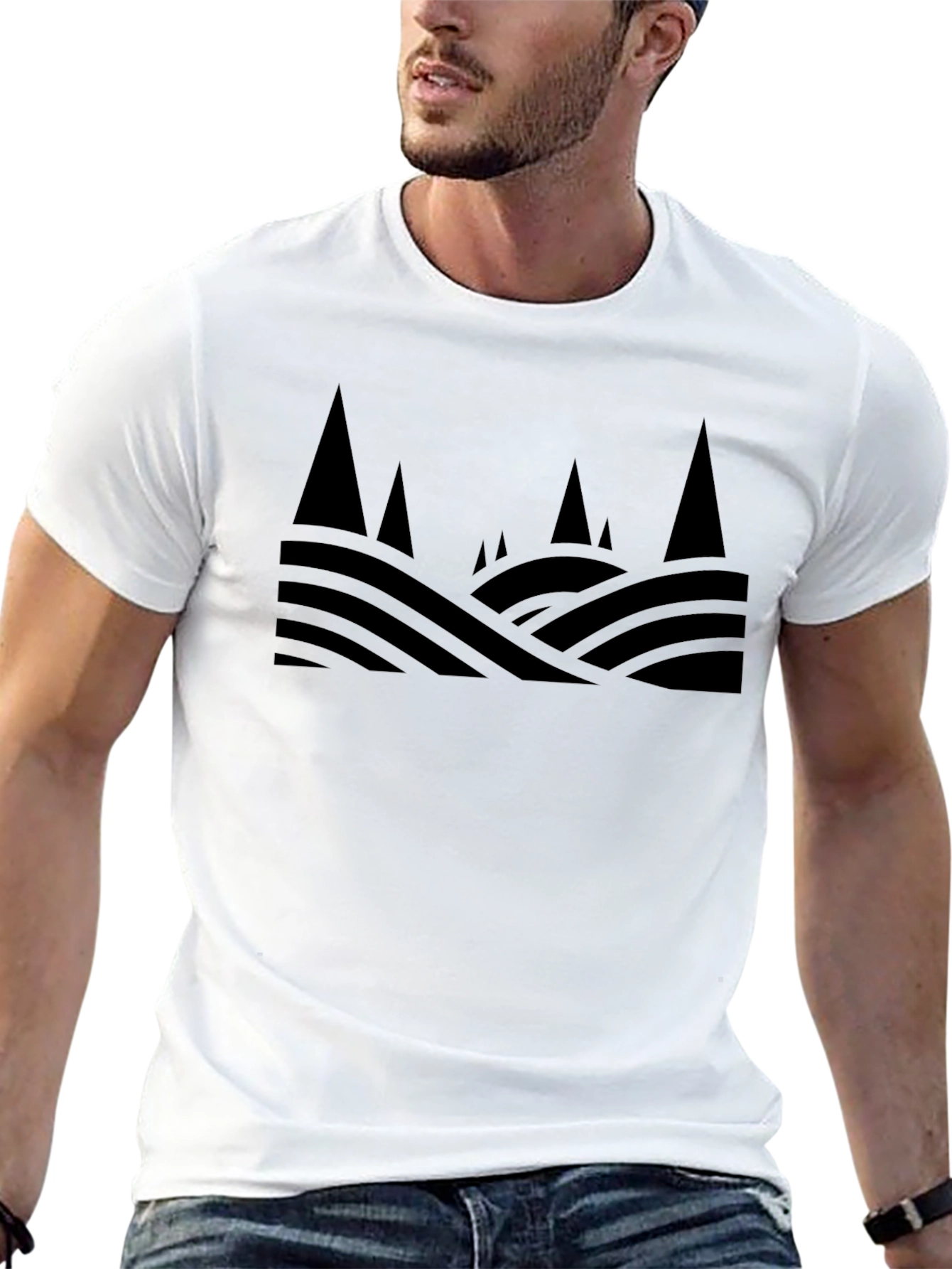 Mens Black Graphic Tee - Abstract Mountain Design