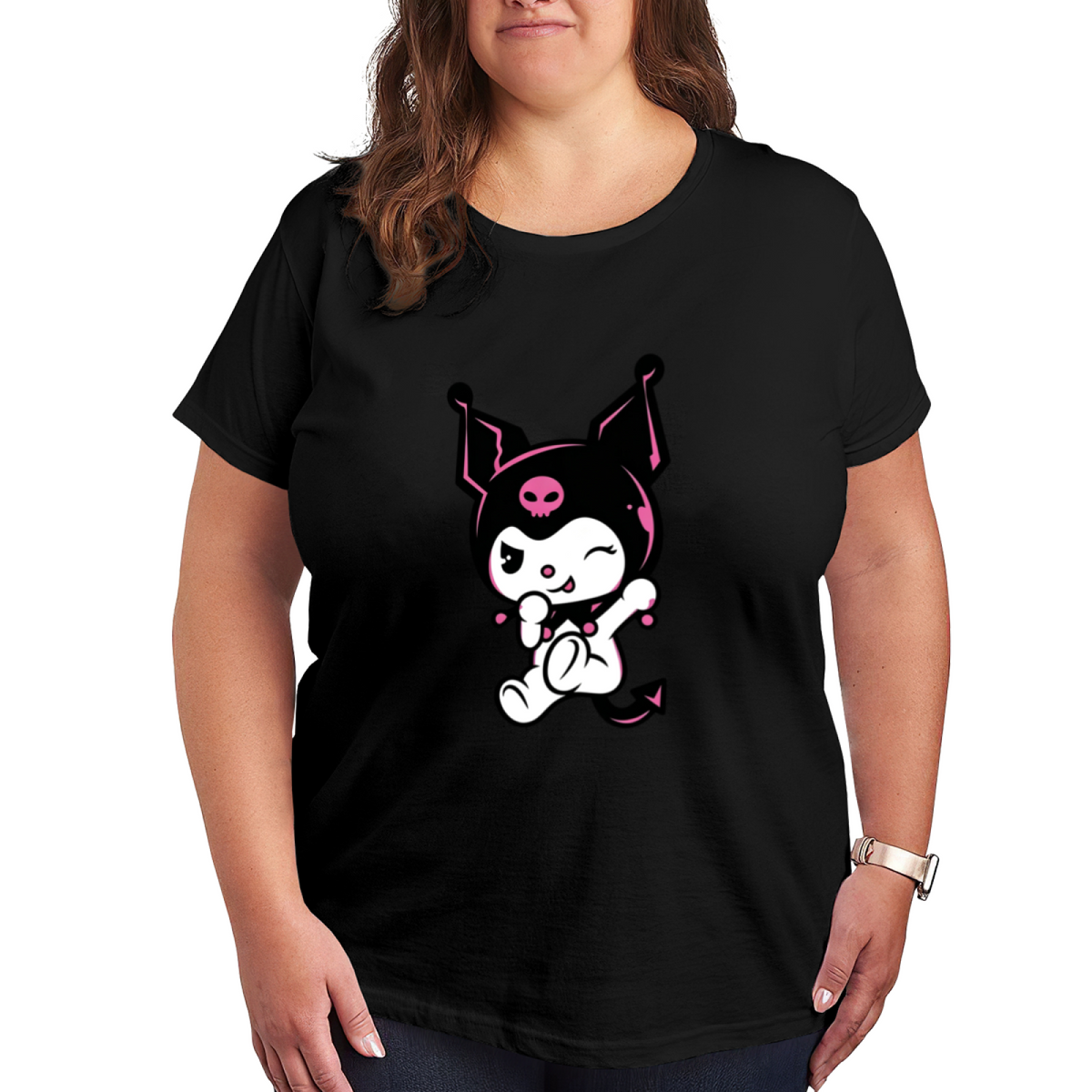 Plus Size Women Playful Wink Kuromi Devil Cartoon Plus?Size Ladies Tee